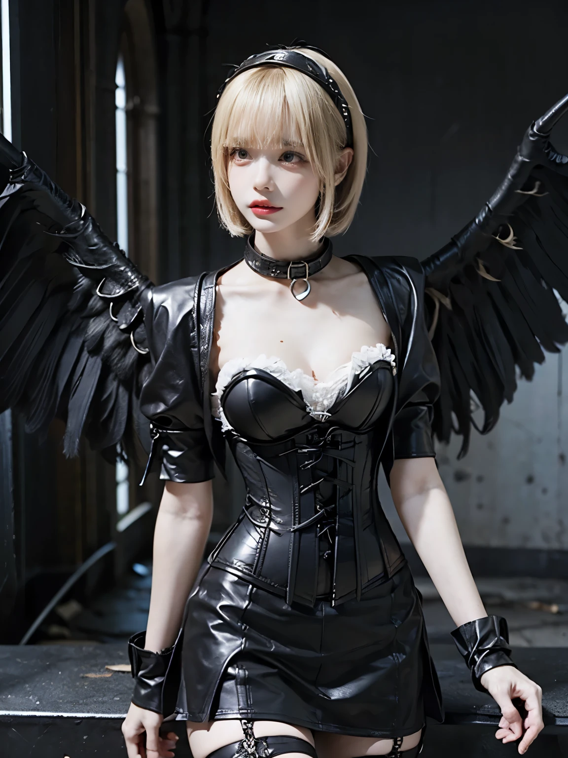 8K, Raw photo, Photorealistic, (Detailed skin, Best Quality:1.2), seductive succubus, (black wings), age girl with black wings, in abandoned church, ((black leather corset, leather mini skirt, black leather collar)), (black head dress, blonde bob hairstyle:1.3, bangs), (cleavage, skinny body, pale skin), thighs, dim lighting