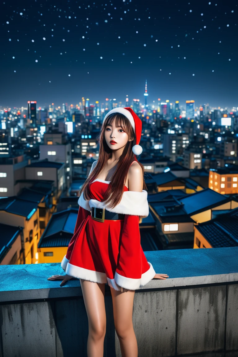 mastepiece, 1 girl per 1 photo, cowboy shot, front view, a Japanese young pretty girl, long bob hair, dress up as Santa Claus, standing on a street at night, snowing, hyper cute face, glossy lips, double eyelids for both eyes, natural makeup, shiny smooth light brown hair of long bob hair, asymmetrical bangs, tanned skin, central image, 8K resolution, high detail, detailed hairstyle, detailed face, cinematic lighting, octane rendering, hyper realistic, perfect limbs, perfect anatomy