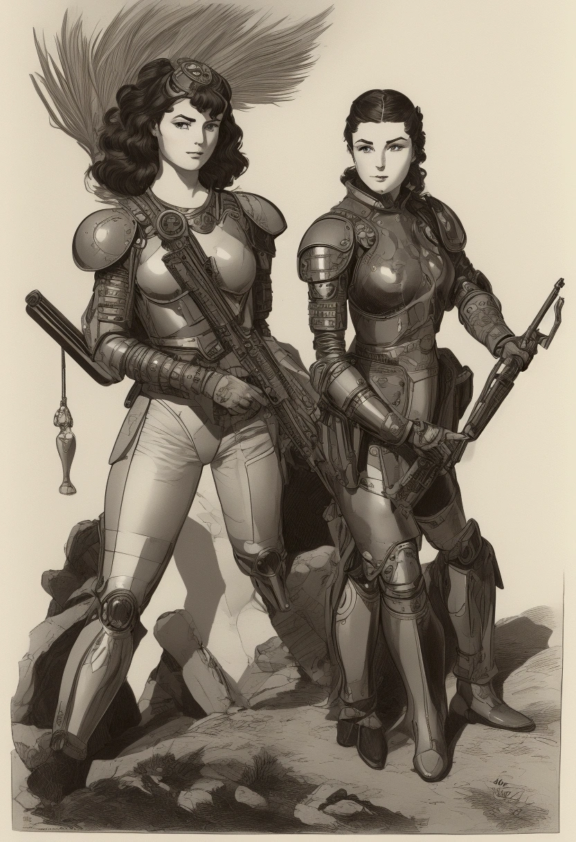 Illustration d'une femme brune, guerrière futuristique, armure de combat futuristique, guerre futuristique, (coupe de cheveux au carré + frange), sexy