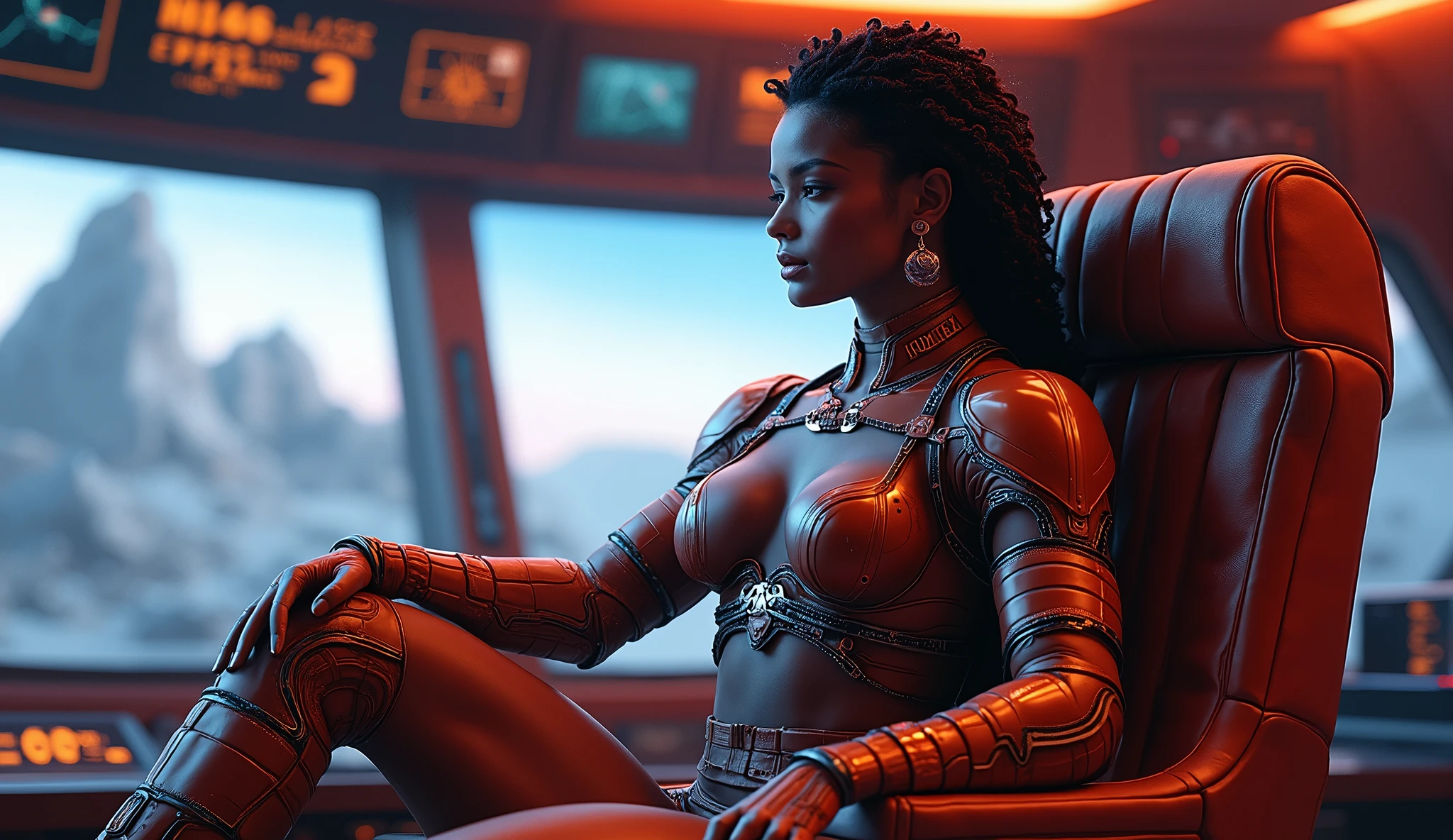 Masterpiece, art, young beautiful woman, dark skin color, flawless skin, smooth skin, very large firm breasts, perfect proportions, space captain, in destroyed spaceship, debris, hardly any light, fog, sparks, dark, gloomy, bikini outfit, in the future, anime, sexy, erotic, UHD resolution, realistic detail, realistic reflections, realistic shadows, 3D,