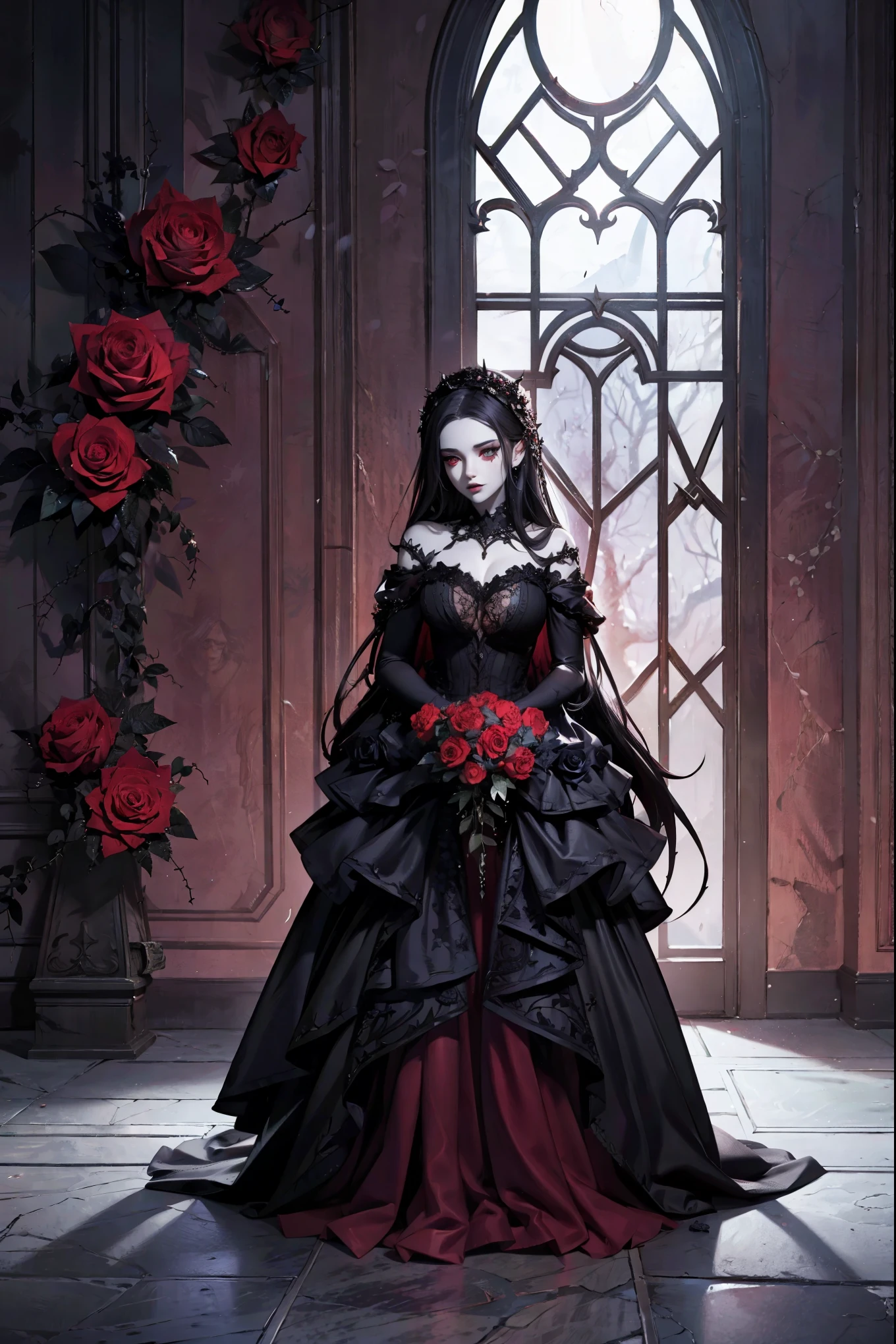 exquisite artwork of a Couple in love, dark gothic beauty, aesthetic atmosphere, roses surrounding, fantasy render, realistic detailed face and body, vines and thorns, mid-transformation, pale skin, vampire, ethereal, realistic fantasy artwork