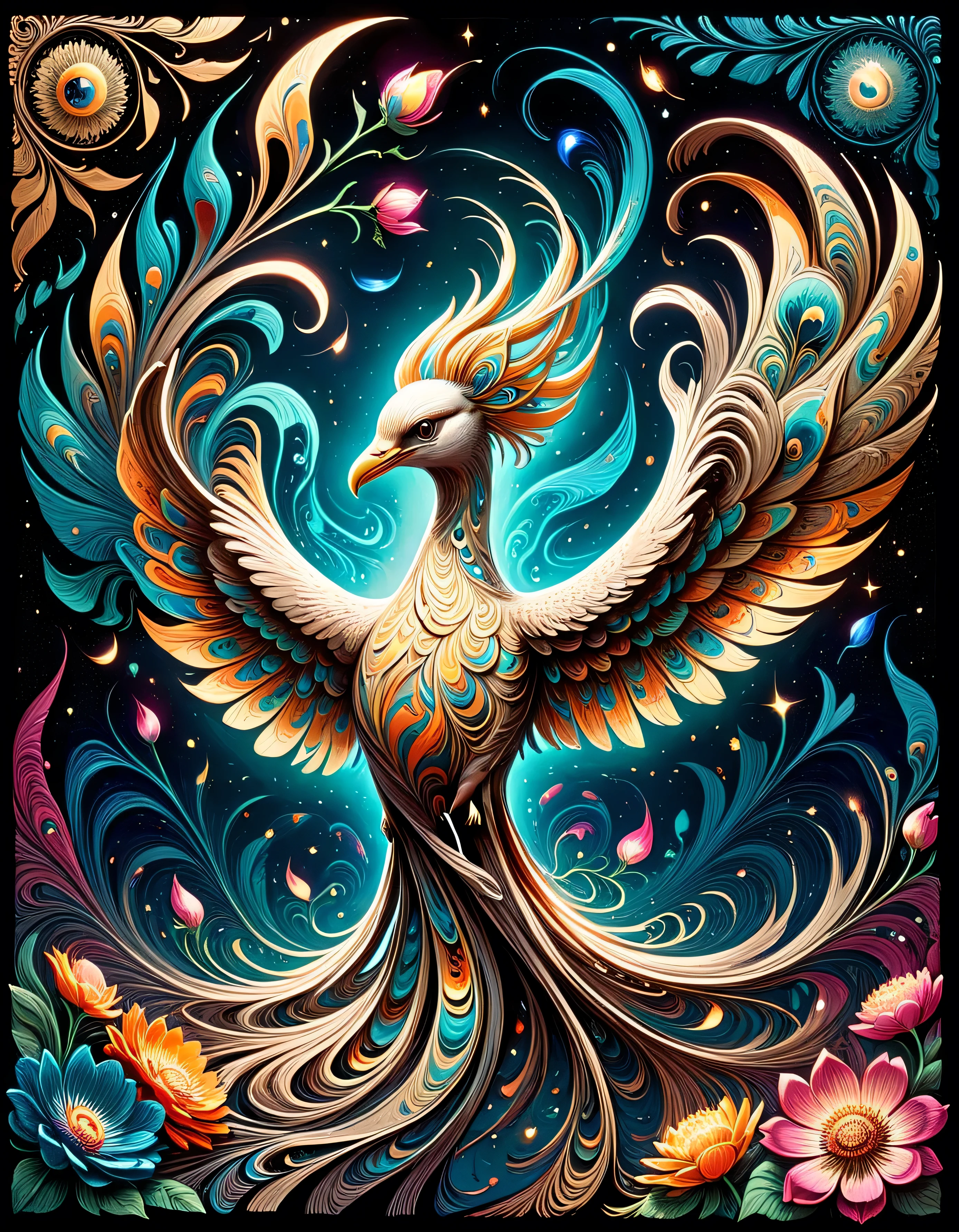 (((Masterpiece))), Best Quality, High-resolution photograph, Sharp details,Visualize an abstract, dreamlike scene where life is represented as an infinite, glowing canvas suspended in space. Fragments of meaning take shape as swirling patterns of light, color, and texture, evolving and blending together in response to the creative energies of unseen hands. The atmosphere is both serene and dynamic, symbolizing the interplay of emptiness and potential. Incorporate symbols of growth, such as blooming flowers or rising phoenixes, and hints of humanity, like faint silhouettes or handprints, to evoke the idea of purpose being actively shaped. The colors should be vivid yet harmonious, blending warm and cool tones to emphasize balance and infinite possibility..(extremely intricate:1.3), 4k, 8k