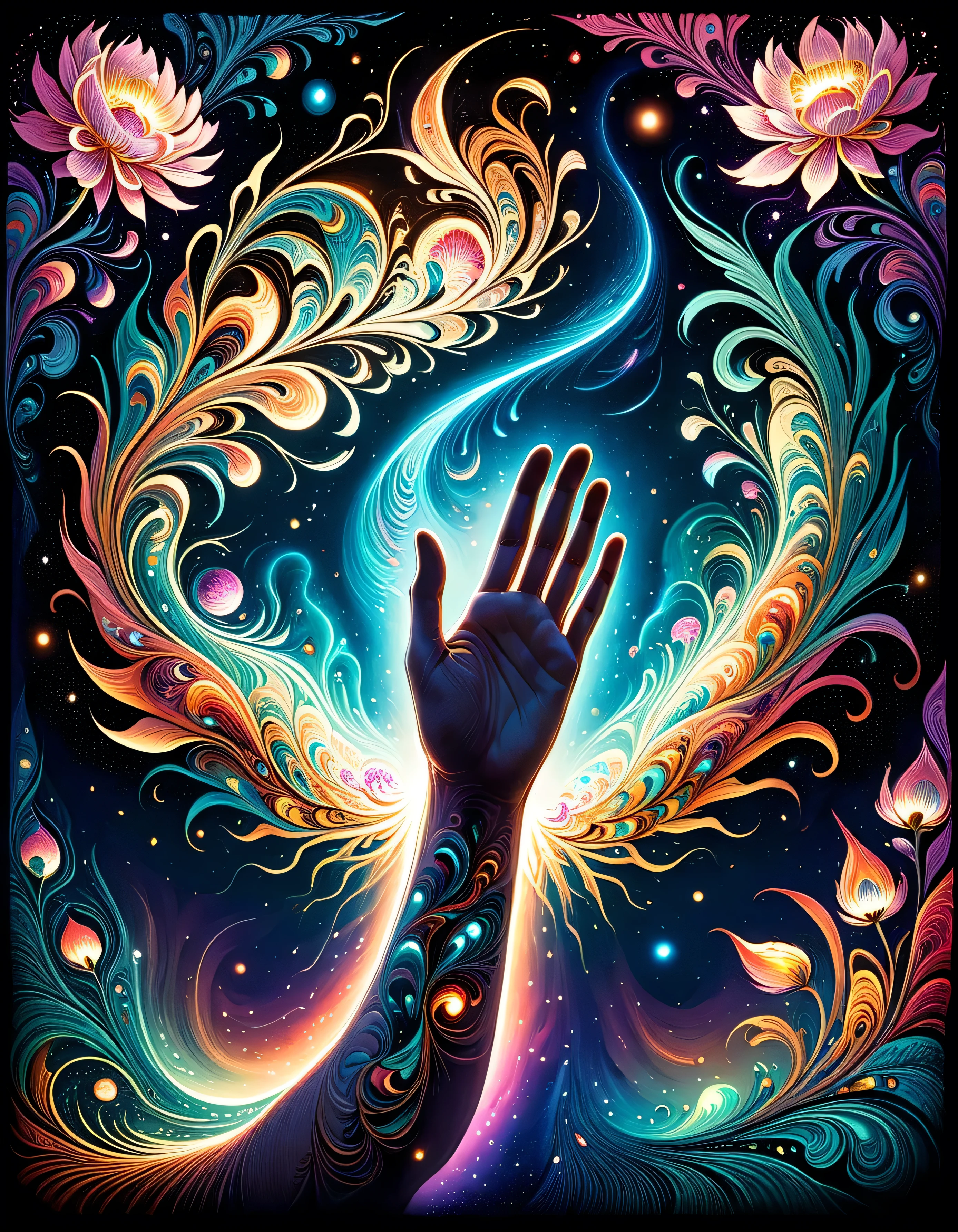 (((Masterpiece))), Best Quality, High-resolution photograph, Sharp details,Visualize an abstract, dreamlike scene where life is represented as an infinite, glowing canvas suspended in space. Fragments of meaning take shape as swirling patterns of light, color, and texture, evolving and blending together in response to the creative energies of unseen hands. The atmosphere is both serene and dynamic, symbolizing the interplay of emptiness and potential. Incorporate symbols of growth, such as blooming flowers or rising phoenixes, and hints of humanity, like faint silhouettes or handprints, to evoke the idea of purpose being actively shaped. The colors should be vivid yet harmonious, blending warm and cool tones to emphasize balance and infinite possibility..(extremely intricate:1.3), 4k, 8k