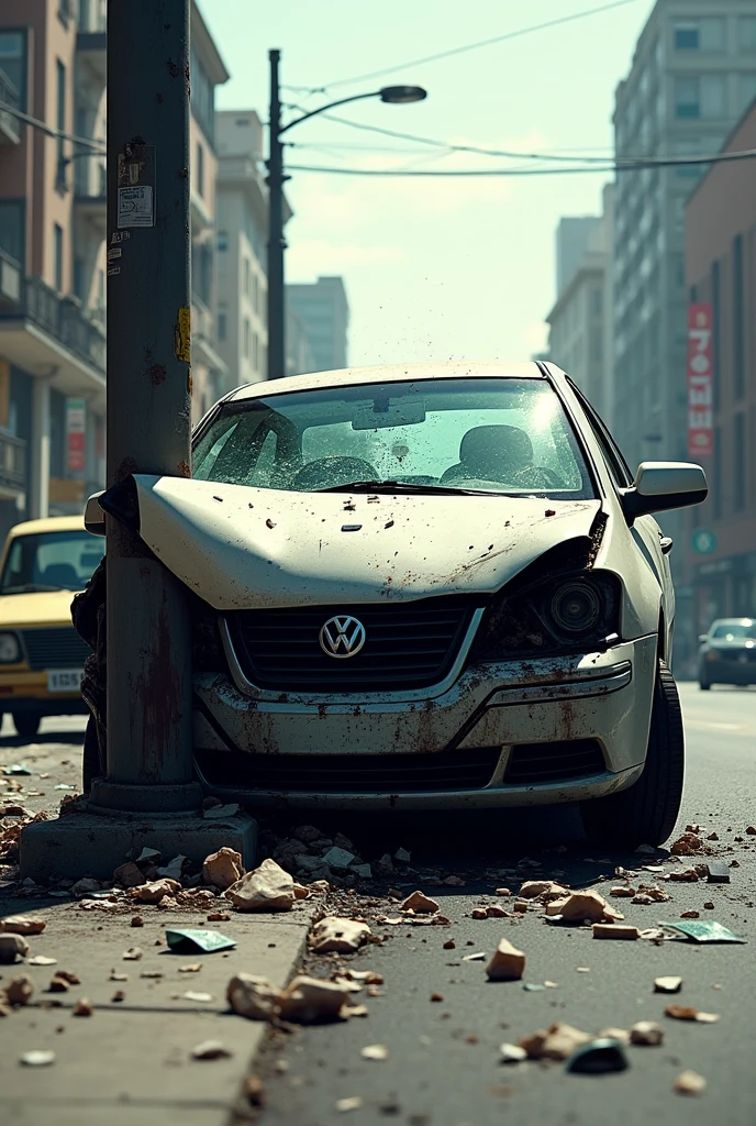 Zombie pigs with white eyes walking on a street with skyscrapper and broken cars, dead bodies on the road as well
