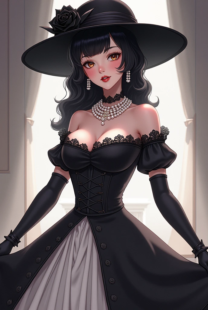 1 girl, she is wearing a black long dress that fits her figure in the style of the 60s, the dress shines like a thousand diamonds, the girl’s short black hair is styled in small waves in the style of Marilyn Monroe, the girl has a long cigarette in her hand, full body, confident look on her face, half-lidded eyes, and her hands are elegantly decorated with long  translucent black gloves above the shoulders, on the girl’s head a black hat with a long rim, an atmosphere of luxury, red scarlet lips, red furniture
