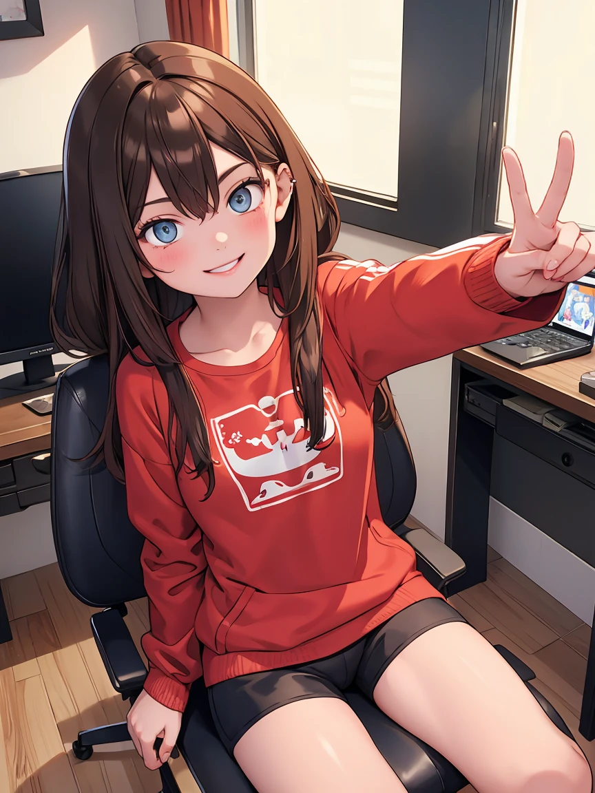 Masterpiece, Best quality, girl gamer, gamer, tight clothes, long brown hair, game controller, gamer room, gamer computer, gamer screen, cheerful smile, sitting on gamer chair, 1 girl , transparent clothes, selfie in front of pc, playing computer game, contrapicado angle of her provocative eyes, (small breasts:0.7), beautiful face, piercing eyes, playful smile, short red patterned top, short pants and sweatshirt, pleasure, photolab