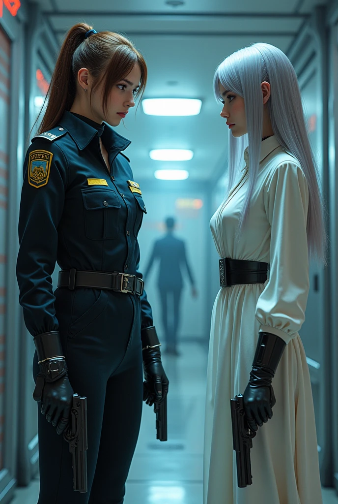 Cyberpunk style super clear Qi at night,woman,30 years old, police station captain, wearing a black police station field uniform, nearly 1.8 meters tall but with a slim waist and sharp arms, coffee-colored hair down to shoulders, Fair Skin , eyebrows are slightly drooped at the right angles, eyes with slightly upturned black pupils。 Cheng Che,woman,28 years old,Professional killer,Height one meter seventy-five,Wearing a long white dress, yellowish complexion,Blue pupils, silver hair down to waist, holding a gun。 in the future world, two people aim guns at each other in a tense and solemn atmosphere, foreshadows the beginning of a fierce confrontation。