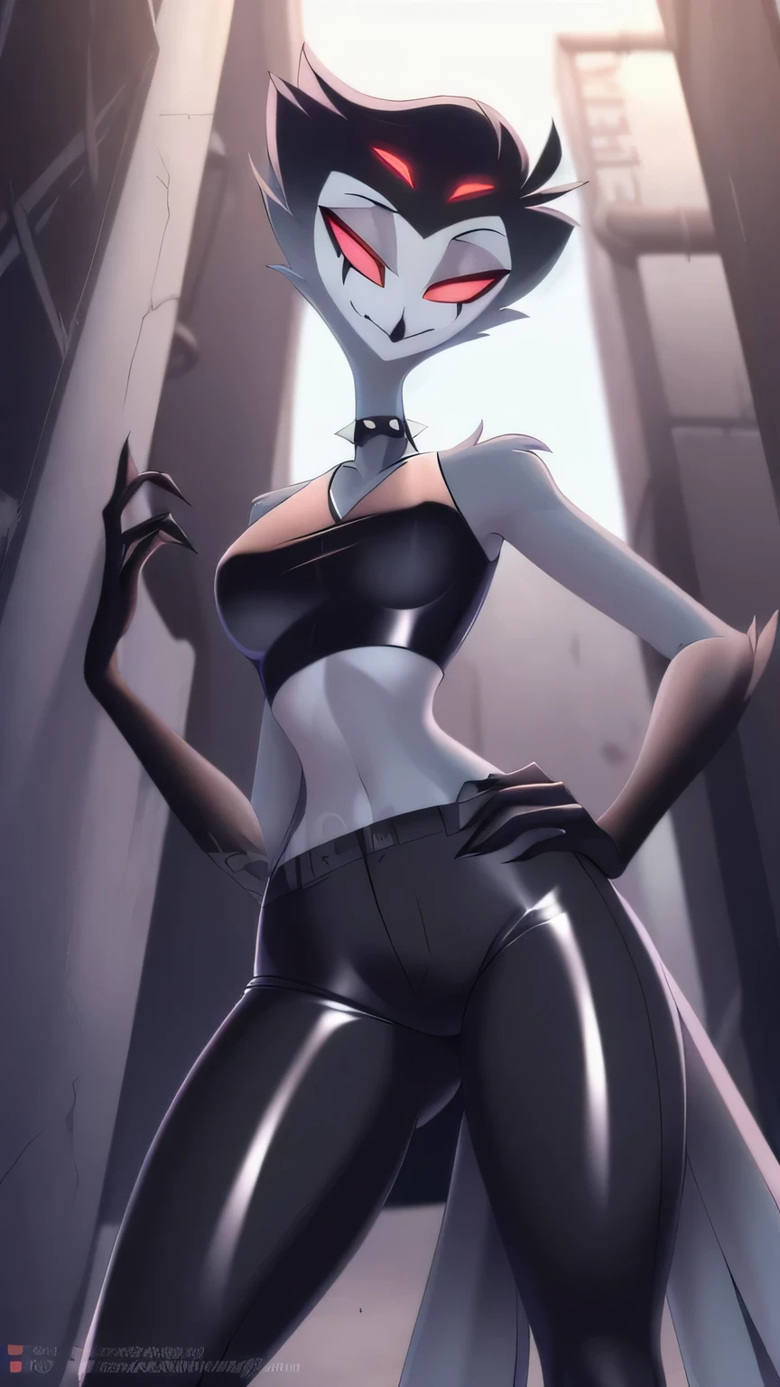 adelina (style) ((masterpiece)), ((8k quality)), (no watermark), stolas, avian tail, female, sleek, butt, solo, detailed alley, smirking, shiny, perfect body, inviting eyes, looking down at viewer, medium featureless breasts, black skinny jeans, spiked collar, black crop top, goth style, front view view, low angle view, one hand on hip, butt