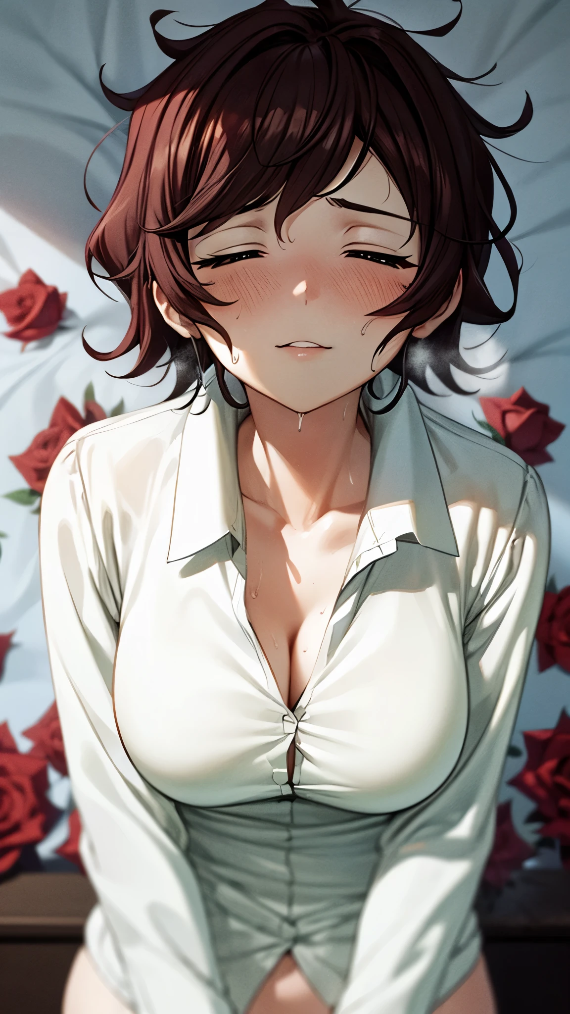 （ super quality, ultra high resolution,16k,super masterpiece,Ultra HD ,Detailed shading and background,）NSFW,Upper body shot from below,one sexy wife,Short black hair,（A white shirt with a large collar spread wide and standing straight, Lower Body Naked,） Sweaty , troubled expression,smile,Open thick lips slightly, bed with scattered roses,