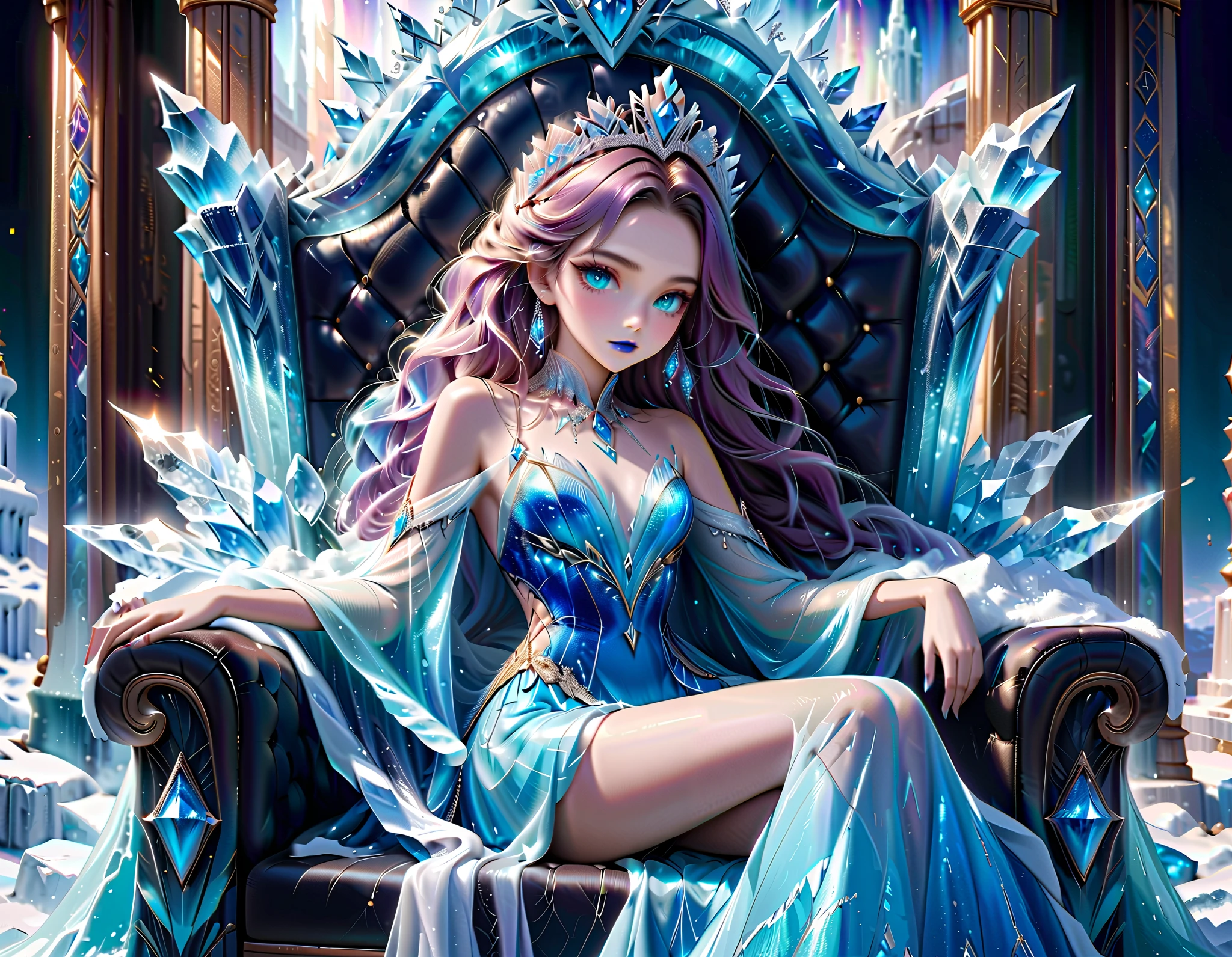 Arafed a picture of a frozen throne for an ice goddess, the goddess is sitting on her icy throne, wearing white and blue royal dress, glamorous dress, royal dress, dynamic hair, bold intense eyes, extremely exquisite beautiful queen, perfect body, (anatomically correct: 1.3), ultra feminine, ultra detailed face, dark blue  lips, azure glowing eyes, she sits on a (throne made from ice: 1.3) of regality, and might, throne carved from ice , legendary symmetric design, with (many carvings in the ice: 1.3), dynamic caevings on the handles decorated with (diamonds: 1.1), and (blue gems: 1.1), fantasy ice goddess hall room background, (masterpiece: 1.4),  there is a magical aurora un the sky. aurora in many shades of blue, green and azure, intense details, highly detailed, photorealistic, best quality, highres,16k, (ultra detailed:1.3(, masterpiece, best quality, (extremely detailed), close up, ultra wide shot, photorealistic, RAW, fantasy art, dnd art, fantasy art, realistic art,((best quality)), ((masterpiece)), (detailed: 1.5), ral-ntrgmstn, faize, PASTELGOTH