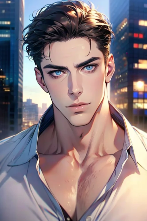 (Best Quality,4k,8k,high resolution,Masterpiece:1.2),ultra detailed,(realist,photorealist,photo-realist:1.37),1 man,31 years,mature man,very handsome,without expresion,muscled body,short gray black hair,Blue eyes,glare,perfect face without mistakes,imposing posture,businessman,office background,cinematic lighting,imagen HDR