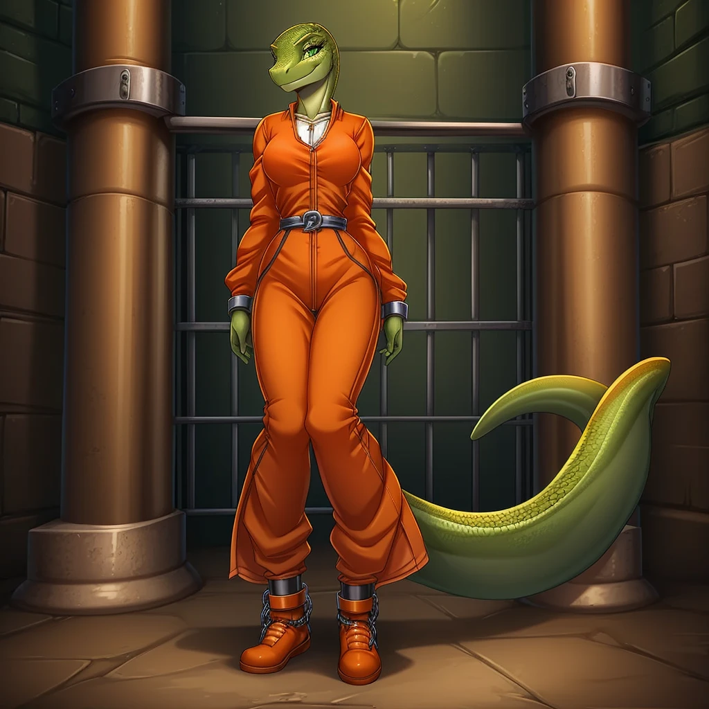 Solo, female, scalie, green eyes, lizard, smiling, green skin, green body, detailed hands, ((priclothes)), ((orange clothes)), prisoner, clothes, clothing, outfit, shirt, long sleeves, pants, full body, shackles,