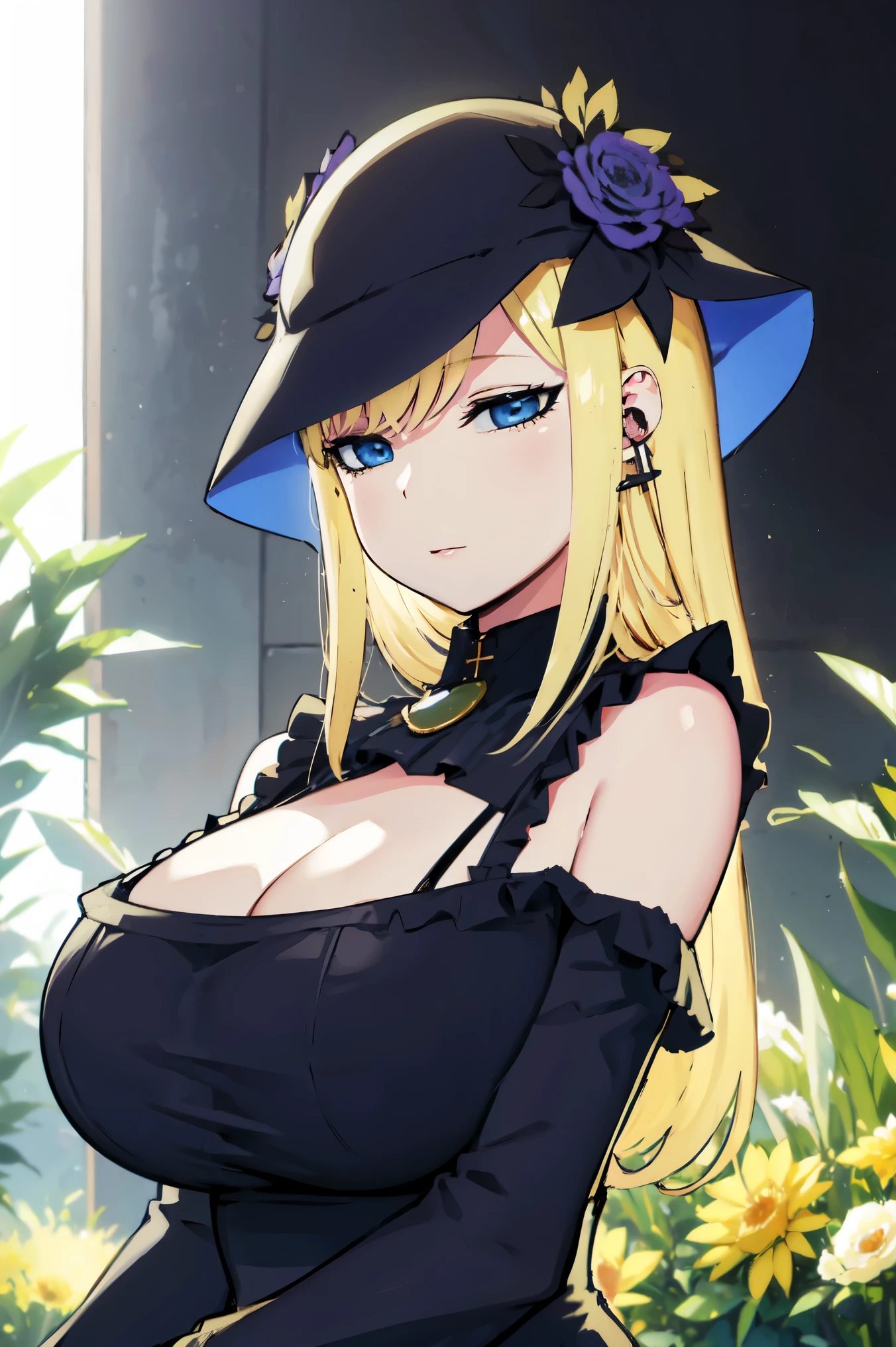 Blonde hair, huge tits , smile   , (((black dress, toplesss))),  thick, busty, blue eyes, ((upperbody)), emotionless, cleavage, flower garden