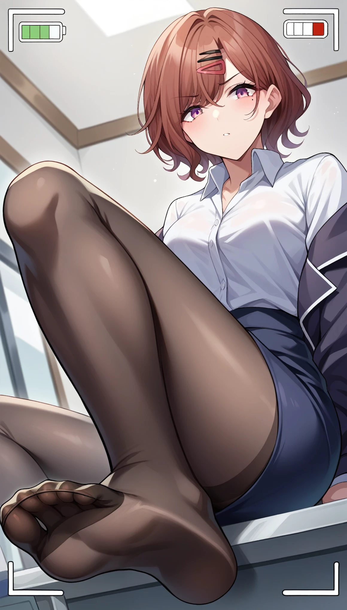  score_9,  score_8_up,  score_7_up,  source_Anime,
Madoka Higuchi , Madoka Higuchi ,  brown hair,  eyebrows hidden by parasoled hair ,  gray background ,  hair ornament,  hair clips, mole, mole under eye,  purple eyes,  short hair,  wavy hair,
black  pantyhose グ, ,  pantyhose ,  shirt, ,suit、pencil skirt、白いカッター shirt、 cleavage、
indoor, (Office　room), stomp on the sole 、 soles
I'm watching the audience,  Dutch angle ,  COWBOY SHOOTING ,、Stand　up、　looking down at her opponent with a calm and confident expression. Her blue eyes glint coldly, giving off an air of superiority. The background is a rooftop in the city, with her uniform subtly blowing in the wind.camera apps frame,ground level shot、looking down、kick the screen、step on the screen