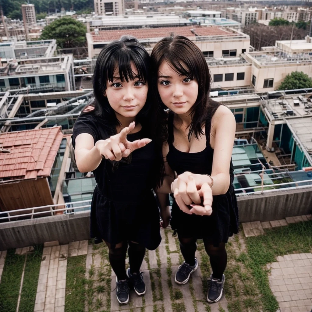  anime girl holding another girl's hand which is hanging from the roof of a multi-storey building, view from above