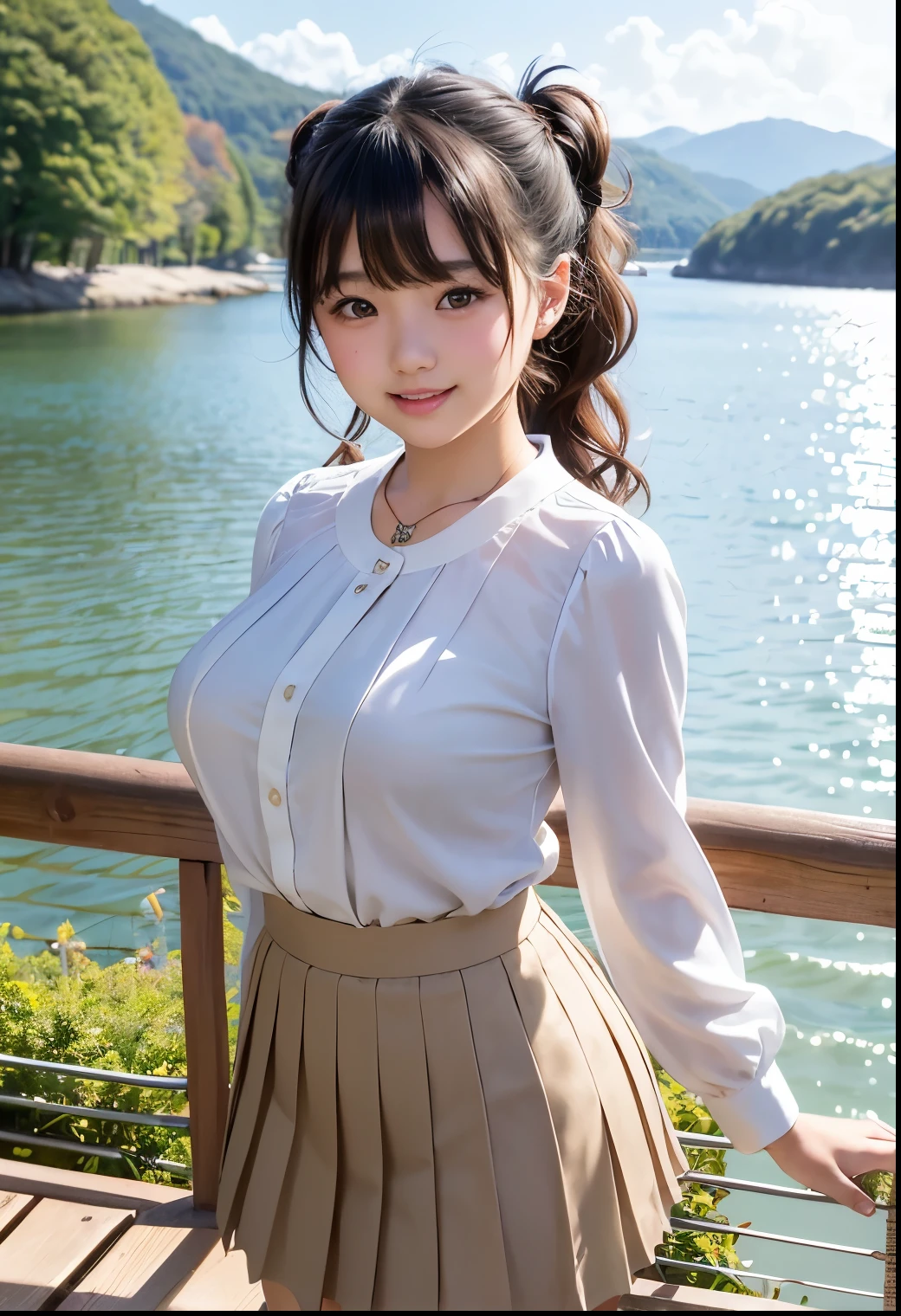 (Highest quality,masterpiece:1.3,Ultra-high resolution),(Very detailed、Caustics) (Realistic:1.4, RAW shooting、)Ultra-Realistic Capture、Very detailed、Natural skin texture、masterpiece、(A Japanese wearing a blouse and pleated skirt:1.3)、Adorable expression、Expressions of happiness、、height: 140cm、Baby Face、Pure girl、Amute、Twin ttyle、Curly Hair、ribbon、Black Hair、Large Breasts、Shining thighs、Shining ass、necklace、Shade by the lake、 Autumn Scenery、Background details、smile、An inviting gaze、(Anatomically correct)、Cowboy Shot、Attention to detail、Breast lift