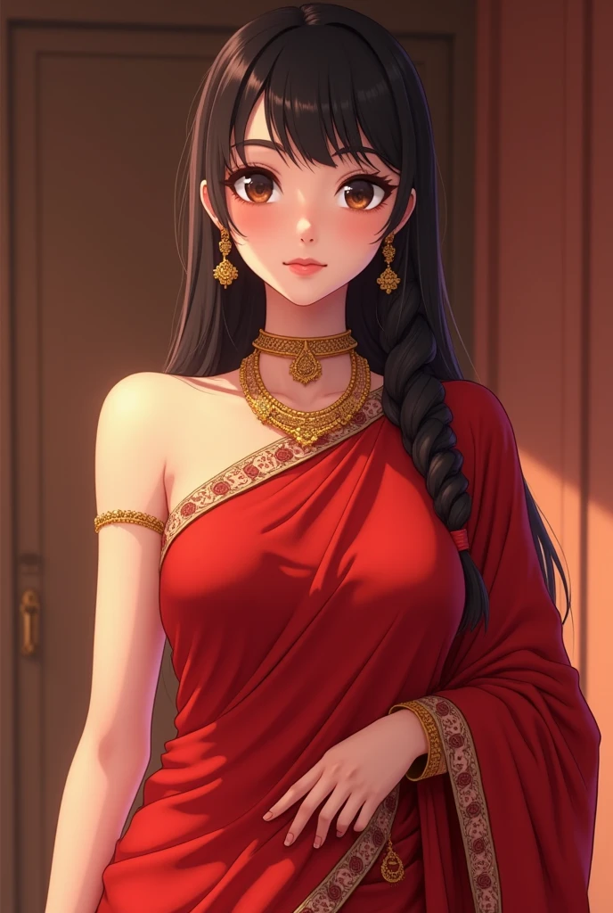 1 chizuru ichinose, (wearing orange saree, autumn background, teen, anime girl, indian, anime style, cleavage, standing, seductive expression), solo, red eyes, short hair, black hair, dreamy eyes, seductive, sexy, hot, looking at viewer, masterpiece, ultra realistic, cleavage, NSFW, ultra high resolution, photorealistic:1.3, wallpaper, realistic, 8k, UHD, Extremely detailed, top quality, ultra detailed, absurdres