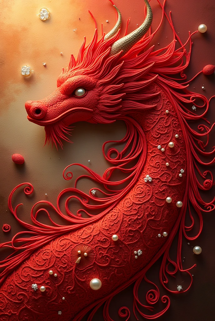 A chinese dragon made entirely of hearts, red theme