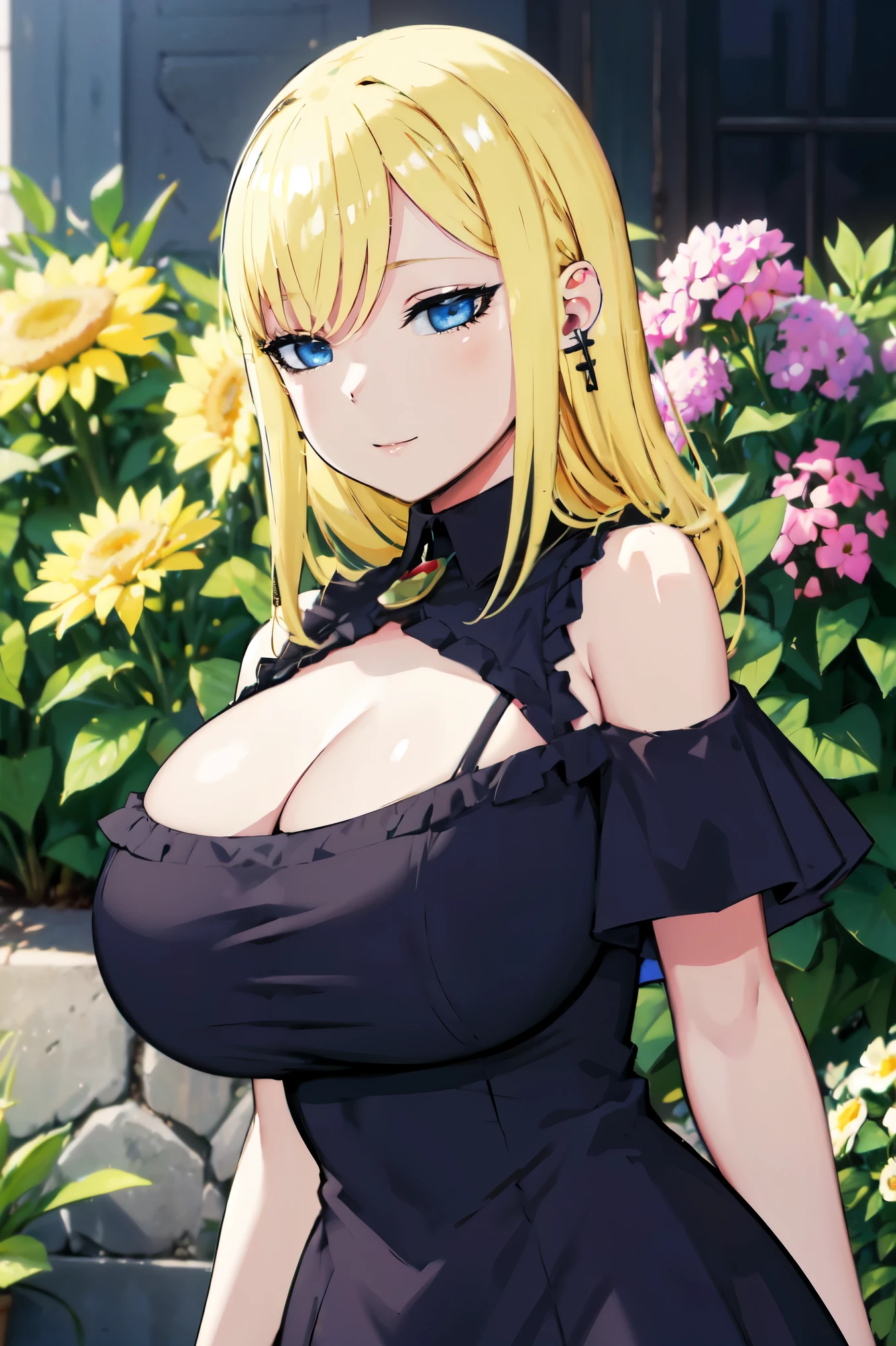 Blonde hair, huge tits , smile   , (((black dress, toplesss))),  thick, busty, blue eyes, ((upperbody)), emotionless, cleavage, flower garden