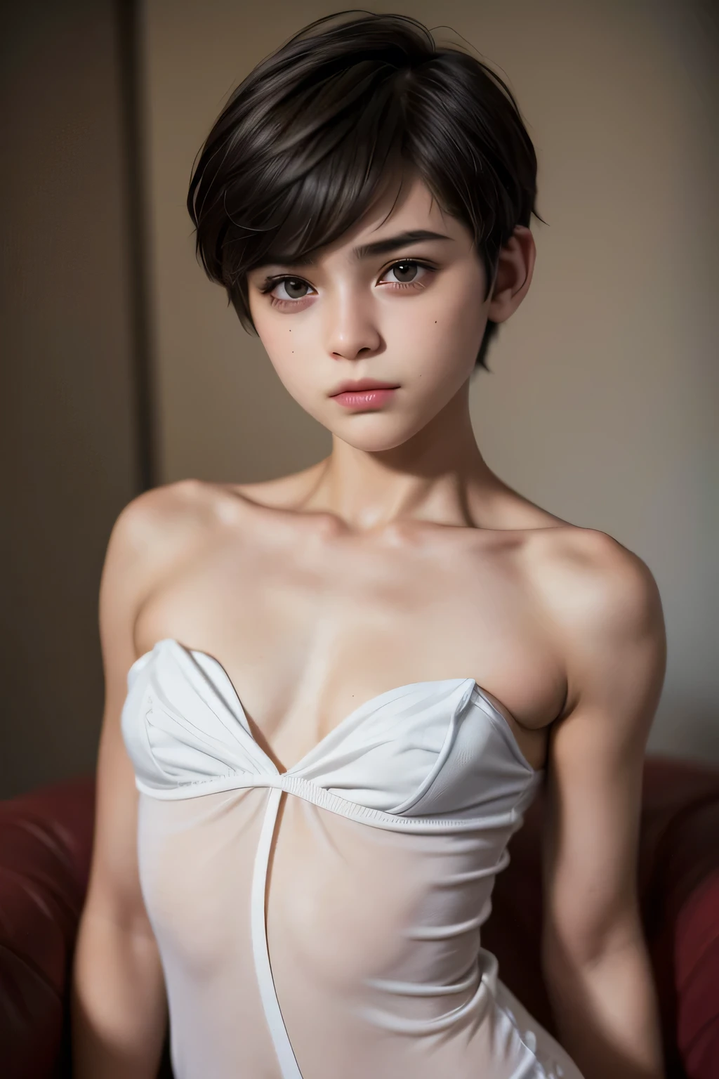 ((Femboy)), Shorthaircut Stylish, adorable, 1 femboy, (face to face), , ((baby face)), (cry sad face expression), half body portrait, (face details: 1), (eye details: 1), ((Tiny breasts:1.3)), Cute posed. proportional body. Ultra High Res. realistic: 1.4, UHD, (perfect white strapless)