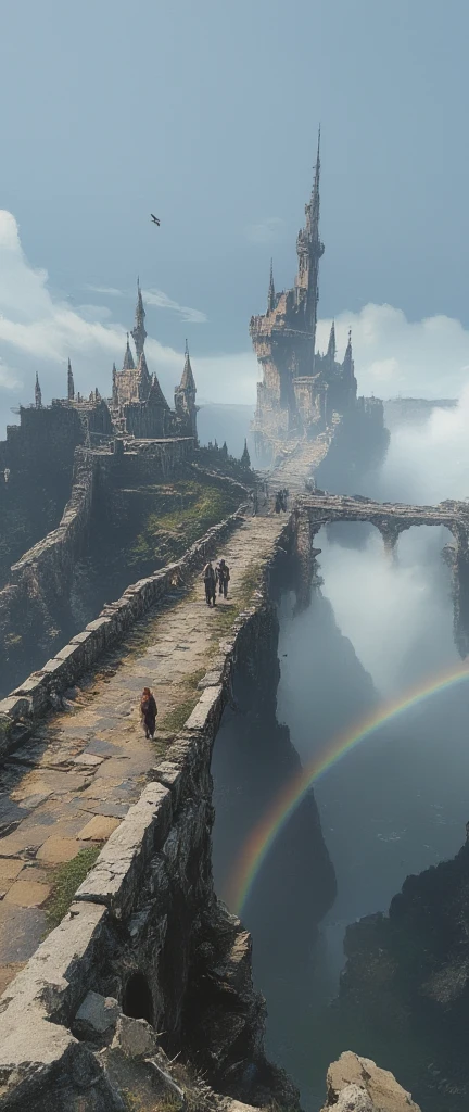  A very old bridge \( float in the sky , 即将倒塌,  Many rainbows shine through the mist \) connected to an ancient castle  float in the sky .  is diffusely reflected through the fog .  stretch far into the foreground ， is about to collapse and . in the thick fog and haze .