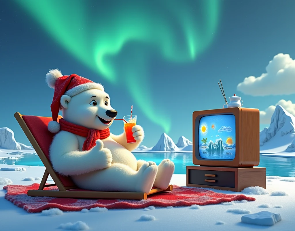 pixar style, funny humor style ,  funny polar bear in a red New Year's hat and red scarf, lies on a beach lounger , drinks a cocktail through a straw from a glass ,  and watching TV ,( slightly covered with frost and snow ) on TV a woman shows the weather forecast , } near the cold sea shore where ice floes and icebergs float ,  Antarctic scene ,  in the sky beautiful aurora ,focus on the bear , humorous style ,Pixar, aurora in the sky ,thumbs up