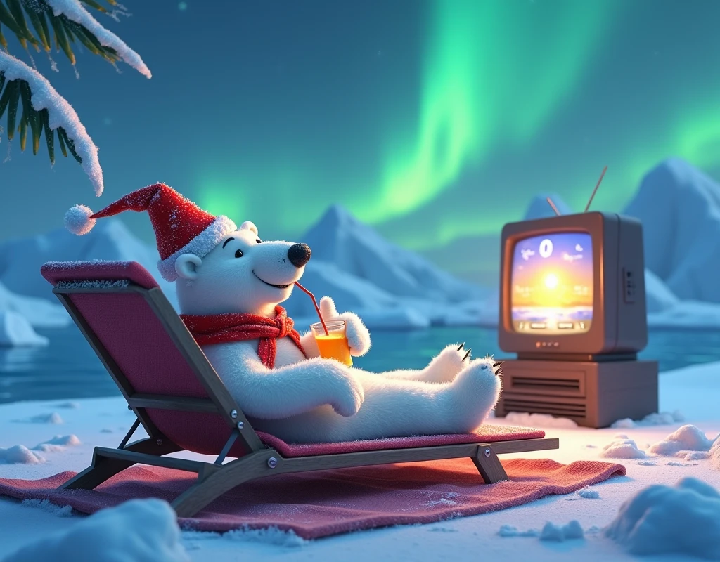 pixar style, funny humor style ,  funny polar bear in a red New Year's hat and red scarf, lies on a beach lounger , drinks a cocktail through a straw from a glass ,  and watching TV ,( slightly covered with frost and snow ) on TV a woman shows the weather forecast , } near the cold sea shore where ice floes and icebergs float ,  Antarctic scene ,  in the sky beautiful aurora ,focus on the bear , humorous style ,Pixar, aurora in the sky ,thumbs up