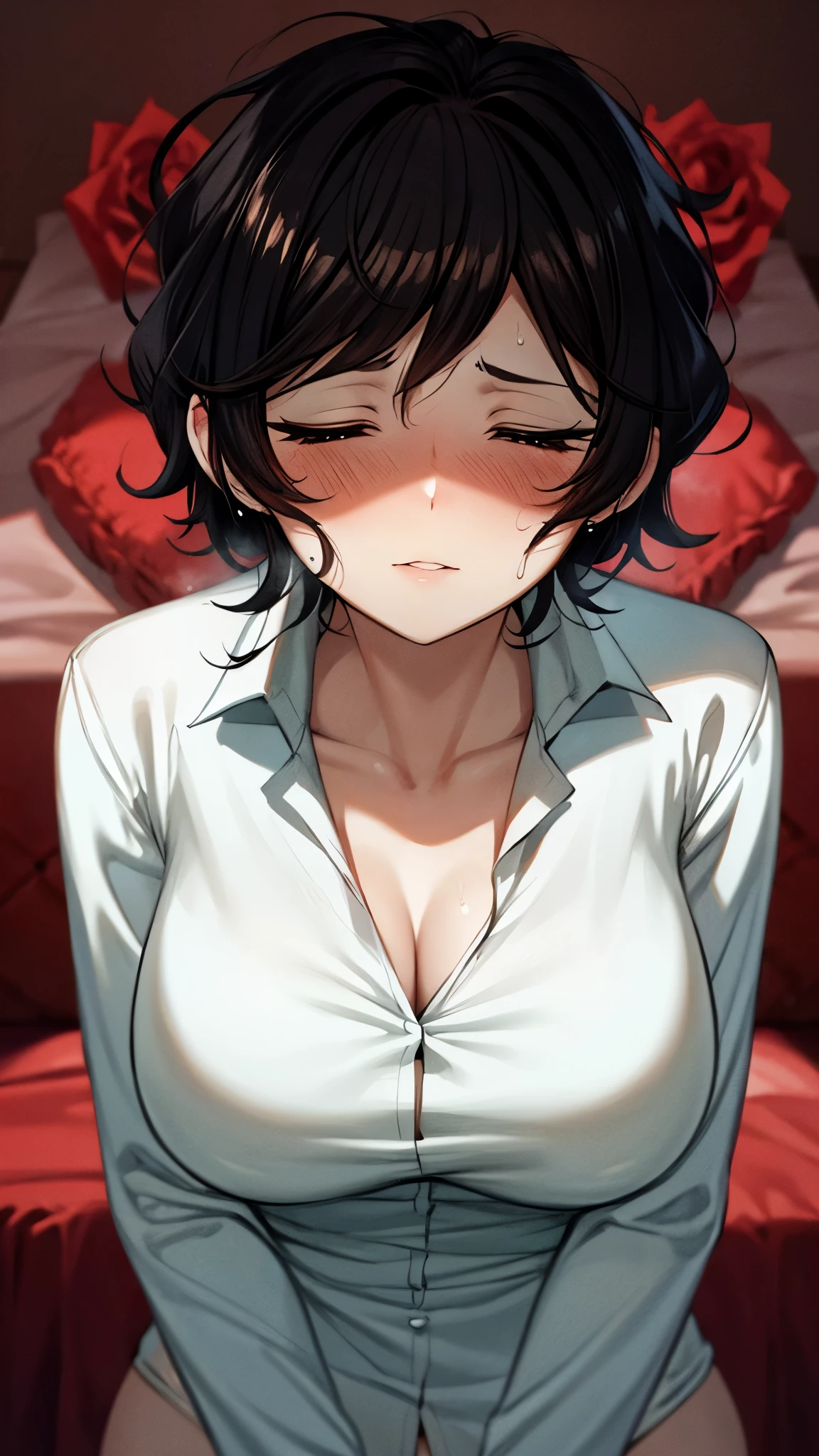 （ super quality, ultra high resolution,16k,super masterpiece,Ultra HD ,Detailed shading and background,）NSFW,Upper body shot from below,one sexy wife,Short black hair,（A white shirt with a large collar spread wide and standing straight, Lower Body Naked,） Sweaty , troubled expression,smile,Open thick lips slightly, bed with scattered roses,