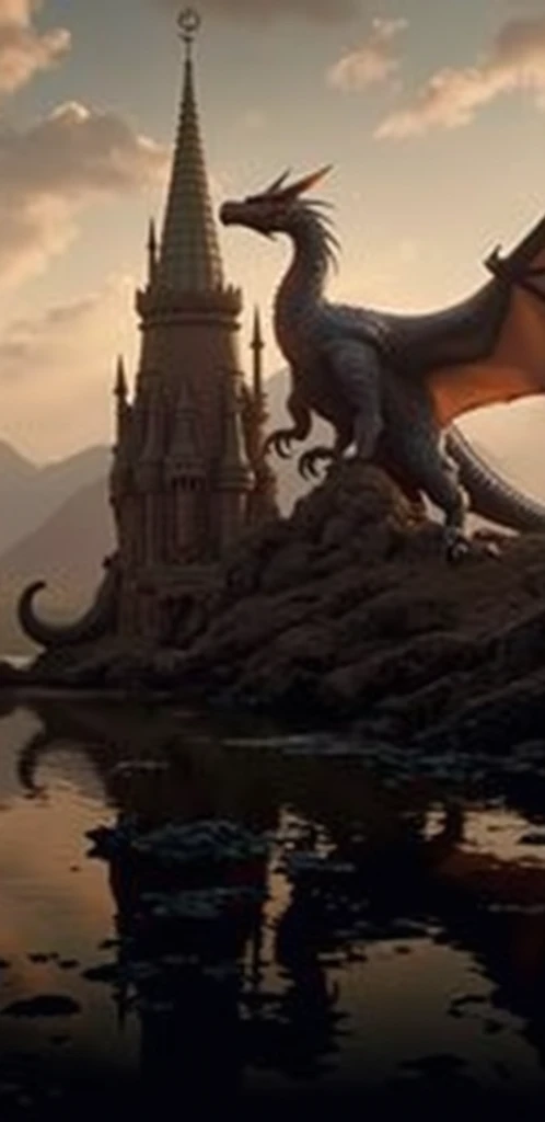 Design a shirt print with dragons flying over a medieval castle, in a fantastic art style