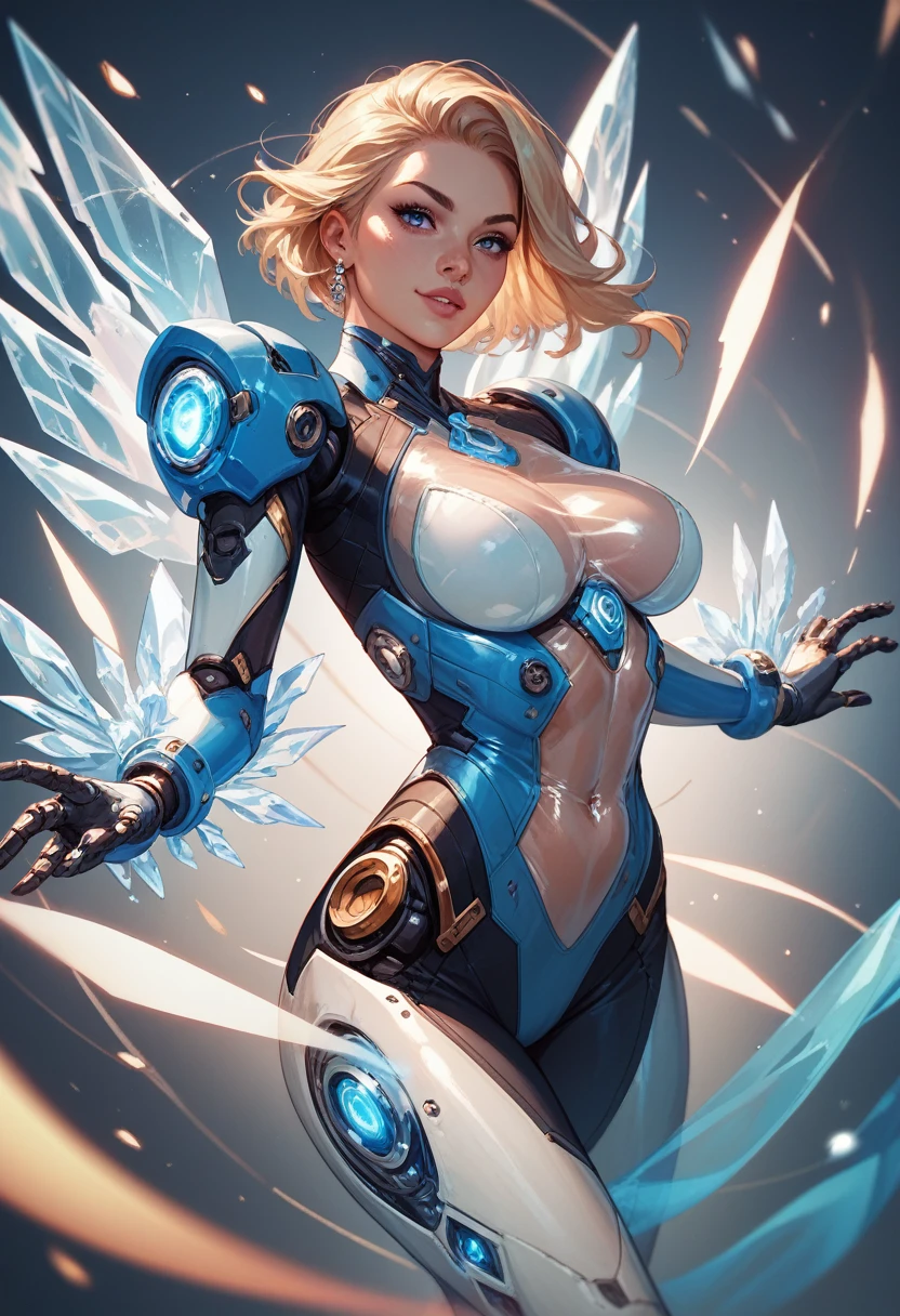 Absurd resolution, high resolution, (masterpiece: 1.4), super detailed, girl alone, from above, future, psychic powers, legend, universe, floating, blonde, petite, super short hair, space-time, (perfect body: 1.4), sparkly blue colored eyes, long boots, white and blue costume, gloves that are up to the elbows