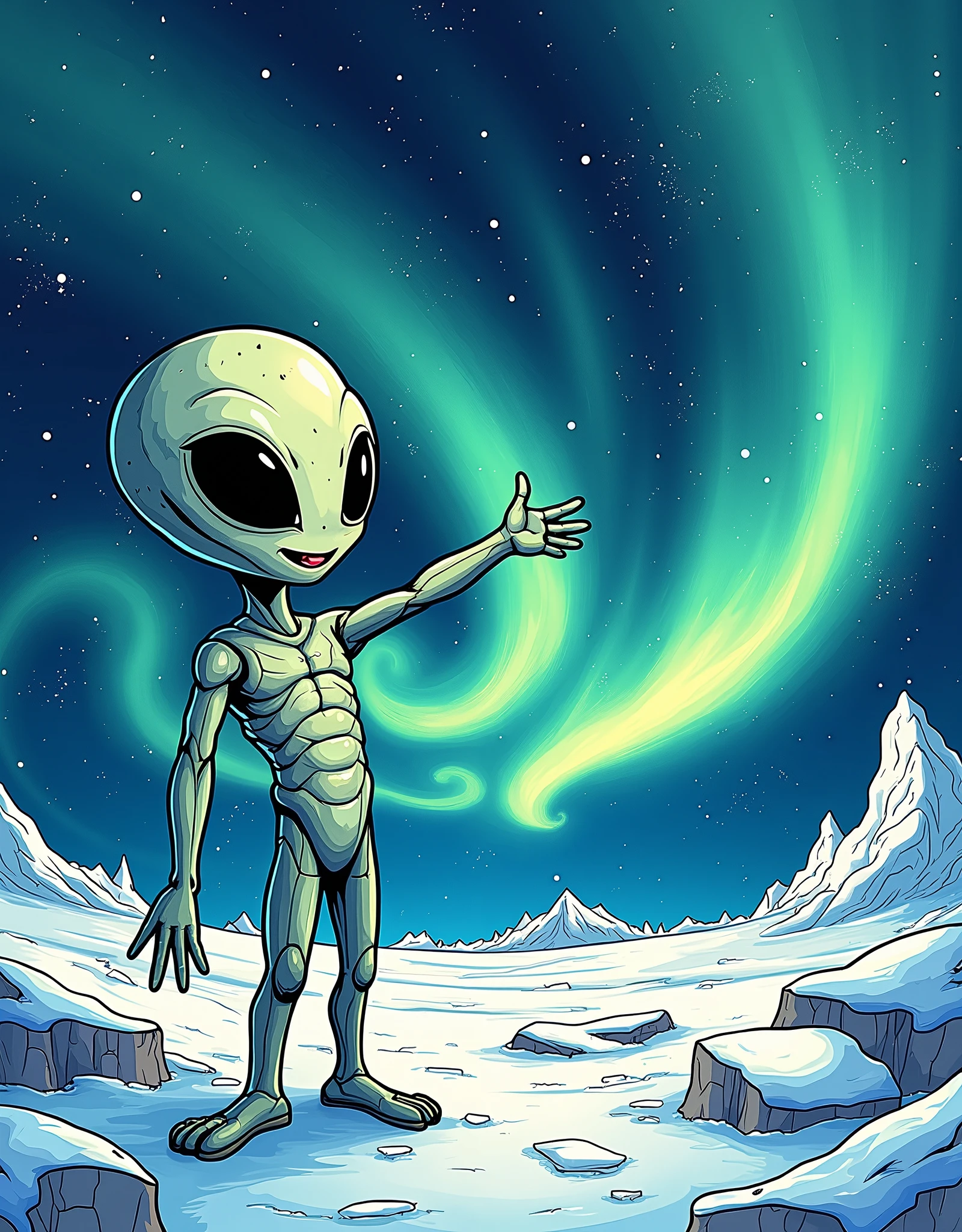 poster poster , hand-drawn poster advertising the aurora in Antarctica for aliens,  cool manner of performance ,humor, aurora poster for aliens , comic style ,