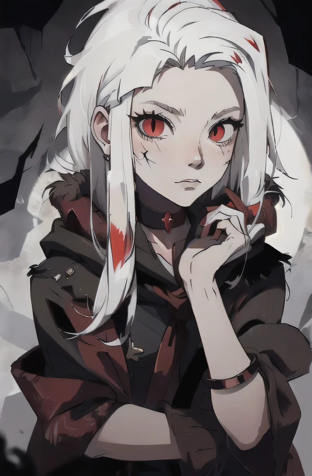 Masterpiece, best quality, 8k, dark scene , dramatic shadows, cowboy shot, 1girl, (((colorless skin, white skin))), pale lips, ((((white hair)))), solo, (hip length long hair, matted hair, straight hair, messy hair, tangled hair), expressive eyes, large eyes, (( gaunt cheeks, pronounced cheek bones, undead, malnourished )), (((red eyes, snake eyes))), looking at viewer, black leather vest, red hair streaks, dark scene, upper body, small breasts, albino,(mature female, eye wrinkles), BREAK, ((ragged clothes, long sleeve , torn clothes, dark gray clothes, huge red wool scarf, fur lined shawl, wearing rags, red wool cloak)), ((dirty clothes)), wearing heavy clothes, multiple layers of clothing , (((red metal choker necklace))) , fingerless black gloves, BREAK, in a dark cave
