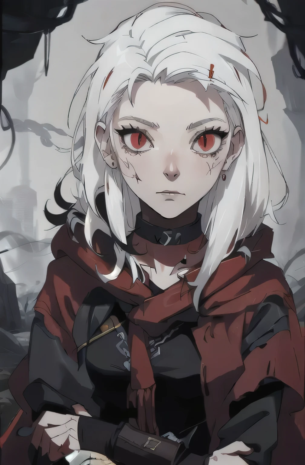 Masterpiece, best quality, 8k, dark scene , dramatic shadows, cowboy shot, 1girl, (((colorless skin, white skin))), pale lips, ((((white hair)))), solo, (hip length long hair, matted hair, straight hair, messy hair, tangled hair), expressive eyes, large eyes, (( gaunt cheeks, pronounced cheek bones, undead, malnourished )), (((red eyes, snake eyes))), looking at viewer, black leather vest, dark scene, upper body, small breasts, albino,(mature female, eye wrinkles), BREAK, ((ragged clothes, long sleeve , torn clothes, dark gray clothes, huge red wool scarf, fur lined shawl, wearing rags, red wool cloak)), ((dirty clothes)), wearing heavy clothes, multiple layers of clothing , (((red metal choker necklace))) , fingerless black gloves, BREAK, in a dark cave
