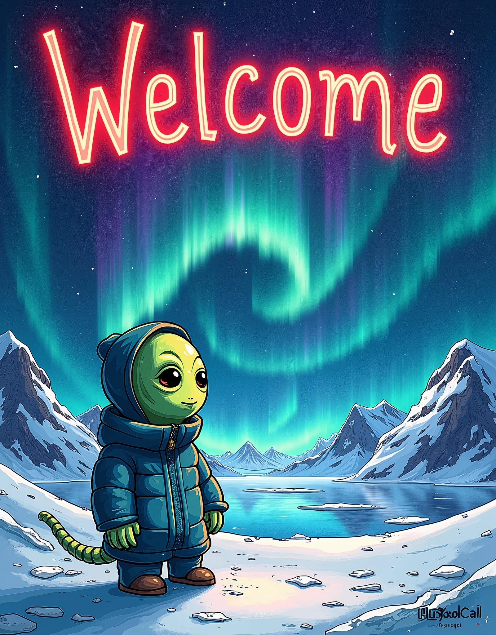 poster poster , hand-drawn poster advertising the aurora in Antarctica for aliens,  cool manner of performance ,humor, aurora poster for aliens , comic style ,