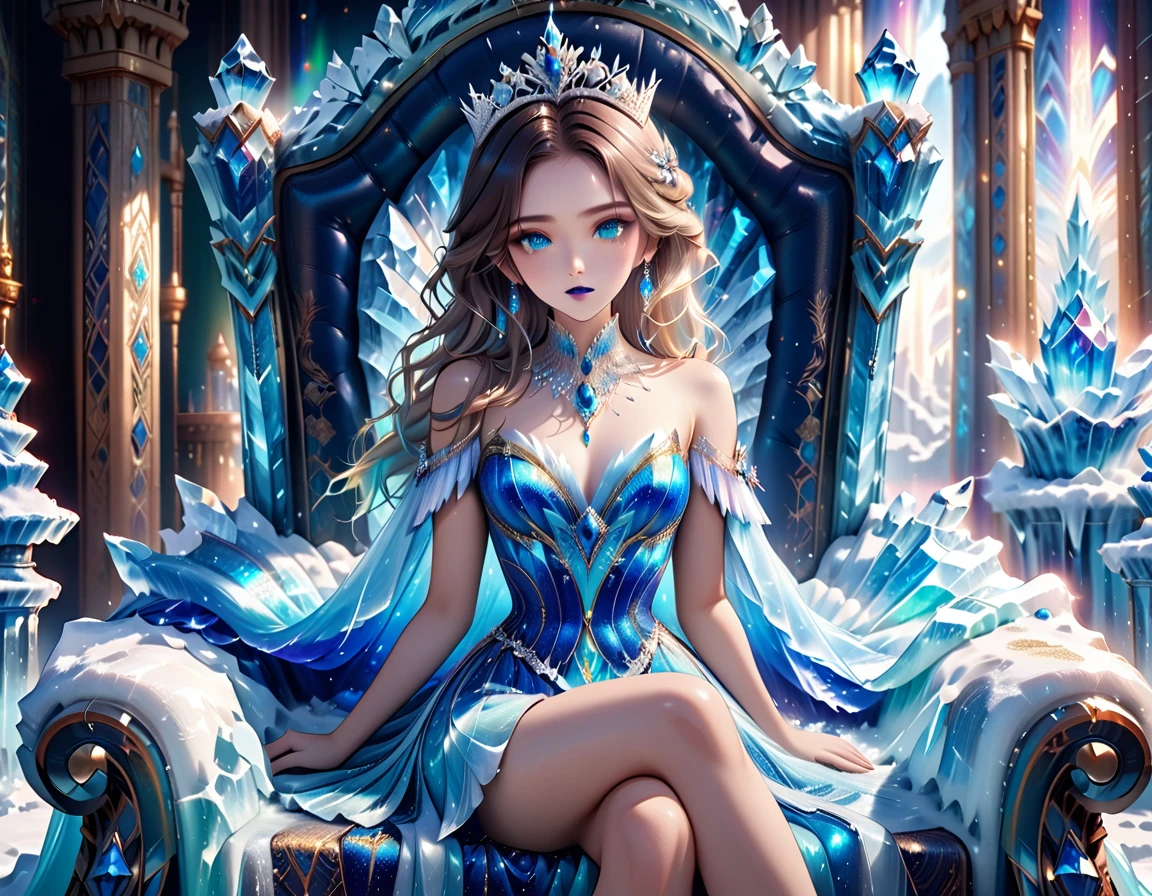 Arafed a picture of a frozen throne for an ice goddess, the goddess is sitting on her icy throne, under the magical aurora in the night sky, aurora (masterpiece: 1.4) in many shades of blue, green and azure, wearing white and blue royal dress, glamorous dress, royal dress, dynamic hair, bold intense eyes, extremely exquisite beautiful queen, perfect body, (anatomically correct: 1.3), ultra feminine, ultra detailed face, dark blue  lips, azure glowing eyes, she sits on a (throne made from ice: 1.3) of regality, and might, throne carved from ice , legendary symmetric design, with (many carvings in the ice: 1.3), dynamic caevings on the handles decorated with (diamonds: 1.1), and (blue gems: 1.1), fantasy ice goddess hall room background,   intense details, highly detailed, photorealistic, best quality, highres,16k, (ultra detailed:1.3(, masterpiece, best quality, (extremely detailed), close up, ultra wide shot, photorealistic, RAW, fantasy art, dnd art, fantasy art, realistic art,((best quality)), ((masterpiece)), (detailed: 1.5), ral-ntrgmstn, faize, PASTELGOTH