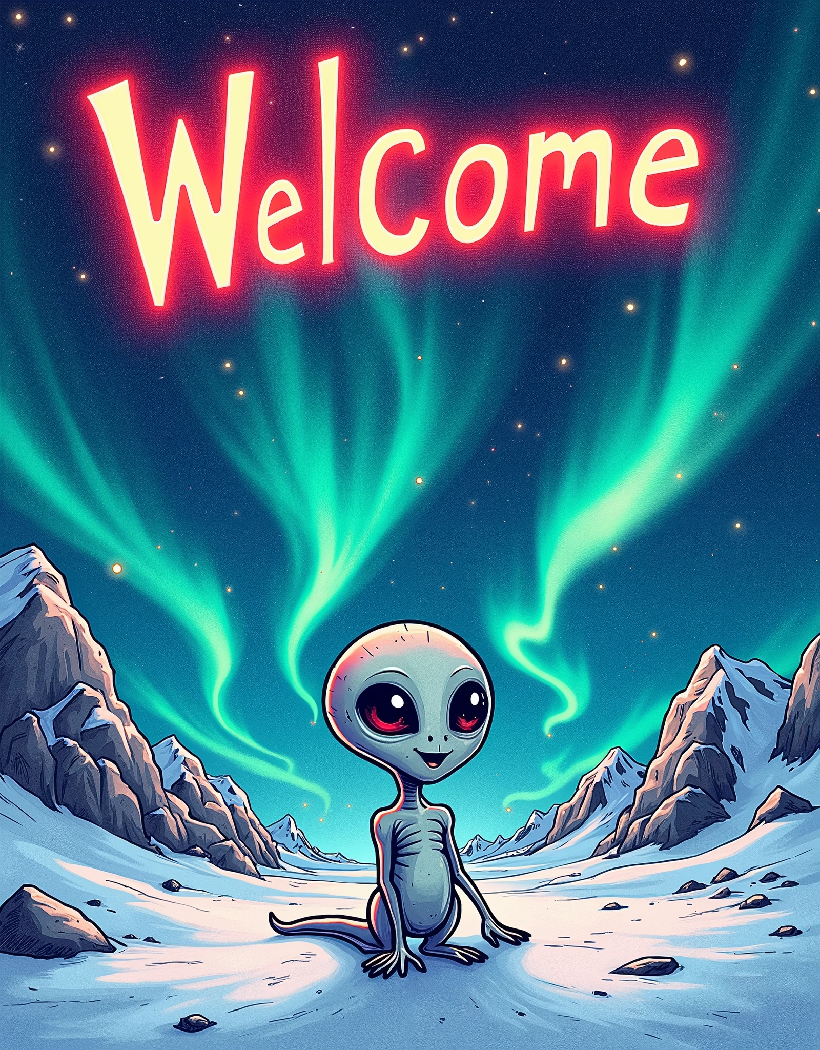 poster poster , hand-drawn poster advertising the aurora in Antarctica for aliens,  cool manner of performance ,humor, aurora poster for aliens , comic style ,