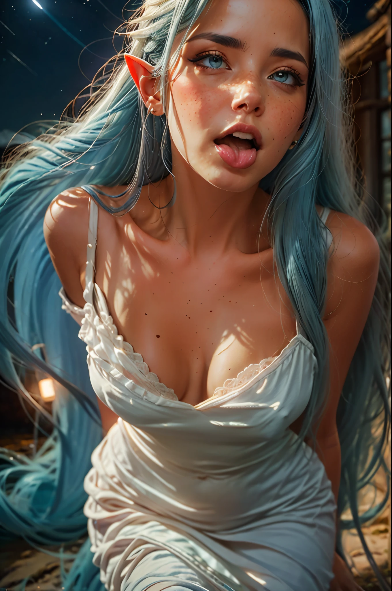 A elf in a long white dress being lifted by the wind, (straight long deep blue hair:1.5), no bra, (nipples under the dress:0.7), (freckles:1.4), soft moss, ornament of gold, (sea shore at night:1.4), (sky night:1.4), deep blue tones, (long white dress:1.4), dark atmosphere, brush painting style, sketch, vibrant colors, soft lighting, (masterpiece, best quality:1.2), ahegao, rolling eyes,edgOrgasm,face focus,
woman with edgOrgasm_face
