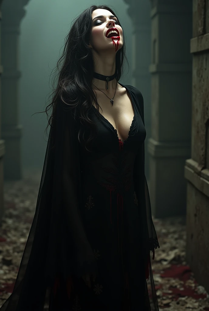 Sexy female vampire in full length fangs covered in blood - SeaArt AI