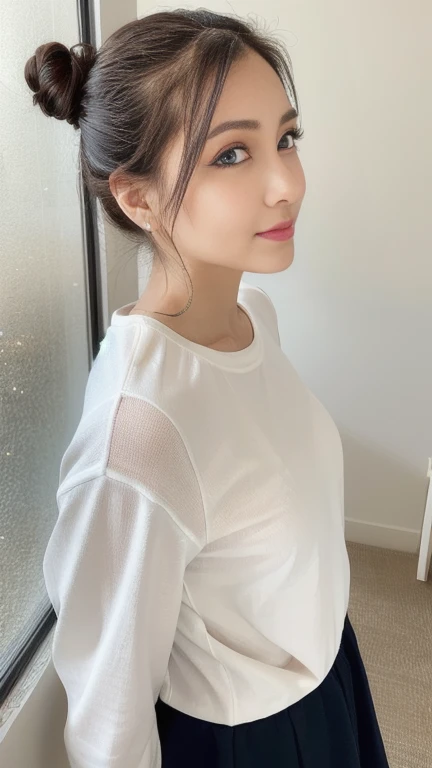 (Front View:1.4)、 shot from the front、(a masterpiece portrait of a woman with ultra detailed features, in 8K resolution, with crisp quality and vibrant colors)、(from front, look at viewer)、One person、 Elegant Japanese Woman、housewife、50 years old、色っぽいhousewife、long sleeve round neck t-shirt、 long skirt、 bun hair、hair slicked back、 beautiful eyes、Symmetrical eyes