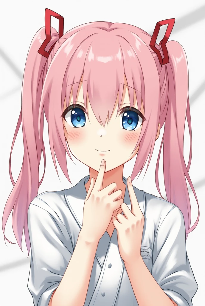 masterpiece, highest quality, very detailed, girl,twin tails, pink hair, hair ornaments,hair bobble, blue eyes,indoors,