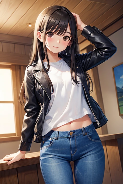 Takane Manaka、  shiny brown long hair、 Beautiful Brown Eyes 、smile、Sparkling Eyes, (fine grain)、 very detailed eyes、 very detailed face in light blue underwear,  very detailed eyes, 
masterpiece,  best quality,  high definition , ( best quality,masterpiece:1.2),Alone,Alone、 cowboy shot、Denim pants、,


Alone,  Eyes that shine beautifully ,  white skin, smile,   embarrassed face ,  wears a leather jacket over her naked body,  the audience, 