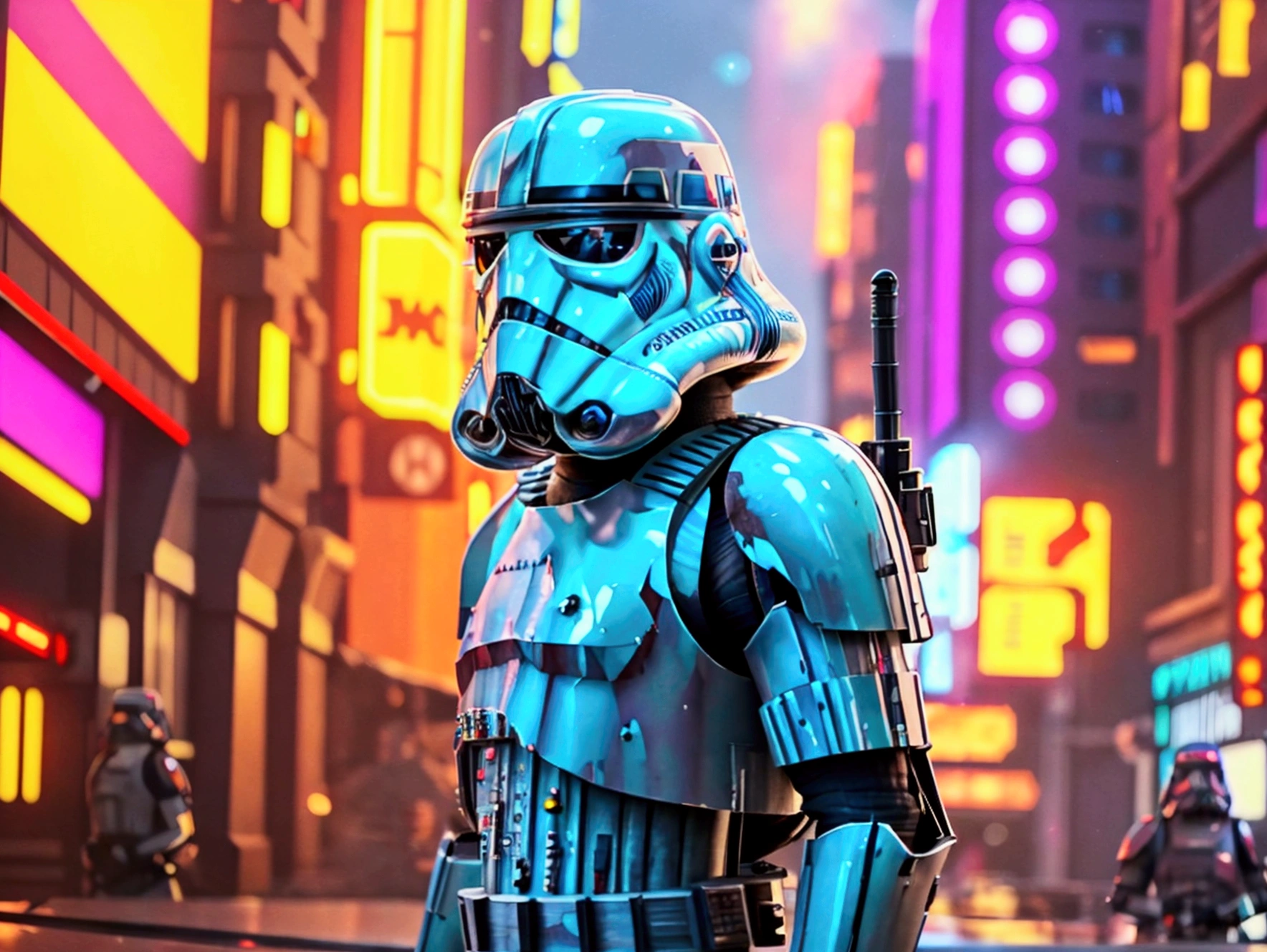 A realistic depiction of a red-haired man with a beard, dressed as a Stormtrooper without a helmet. He stands in a neon-lit futuristic city, surrounded by other fully armored Stormtroopers. Director Krennic, wearing his signature white cape and uniform, is nearby, emphasizing the Galactic Empire's presence. The setting features towering skyscrapers with glowing neon signs, misty streets, and a vibrant cyberpunk atmosphere, blending Star Wars aesthetics with a futuristic urban environment.