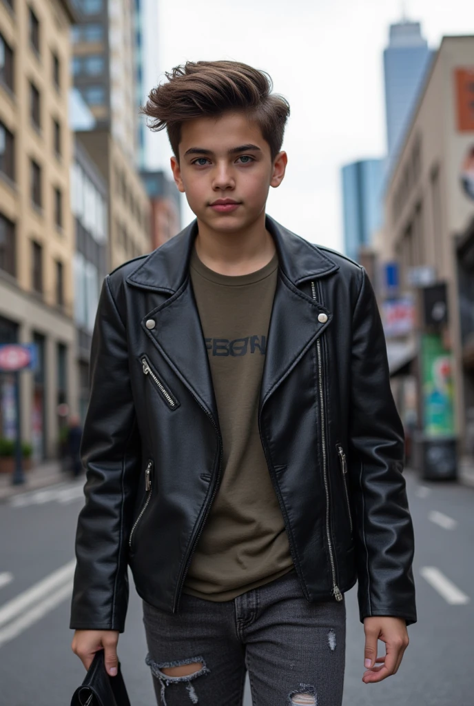 Create a thin boy with curly hair wearing a black leather biker jacket with a black polo shirt, black jeans and combat boots and make him look straight ahead. 