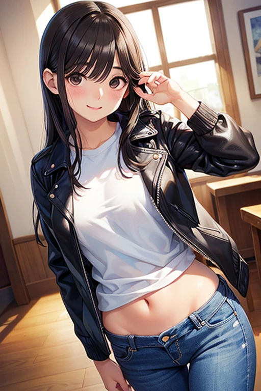 Takane Manaka、  shiny brown long hair、 Beautiful Brown Eyes 、smile、Sparkling Eyes, (fine grain)、 very detailed eyes、 very detailed face in light blue underwear,  very detailed eyes, 
masterpiece,  best quality,  high definition , ( best quality,masterpiece:1.2),Alone,Alone、 cowboy shot、Denim pants、nsfw,


Alone,  Eyes that shine beautifully ,  white skin, smile,   embarrassed face , (( wears a leather jacket over her naked body)),  the audience, 