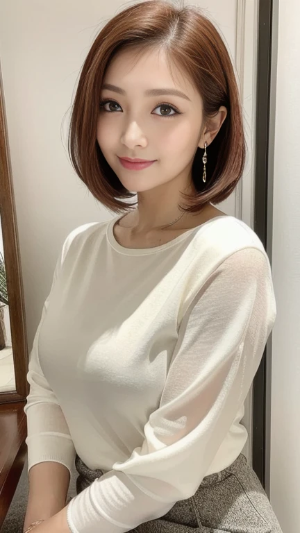 (Front View:1.4)、 shot from the front、(a masterpiece portrait of a woman with ultra detailed features, in 8K resolution, with crisp quality and vibrant colors)、(from front, look at viewer)、One person、 Elegant Japanese Woman、housewife、50 years old、色っぽいhousewife、 High Nose with the bridge of the nose、long sleeve round neck t-shirt、 long skirt、 elegant hairstyle 、 beautiful eyes、Symmetrical eyes、Perfect Makeup、Thick lips、