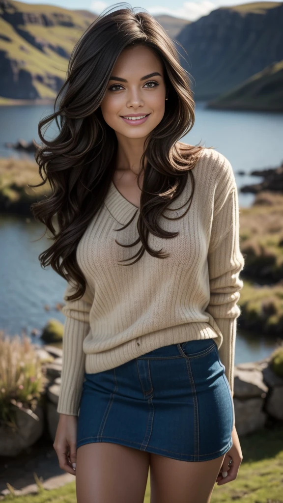 (High angle shot),(masterpiece . uhd. Photorealistic) Foreground: a gorgeous European light brunette woman, sexy smile, age 23, wet wavy hair in the wind. subtle smile and flirts with the camera, (she wears casual shirt with a long wool sweater and mini skirt:1.2),background landscape of Scotland Loch and Scottish castle ruins,  ( At twilight:1.2), perfect eyes, perfect hands, perfect body, perfect hair, perfect breast, hair behind ear, accurate, anatomically correct, 