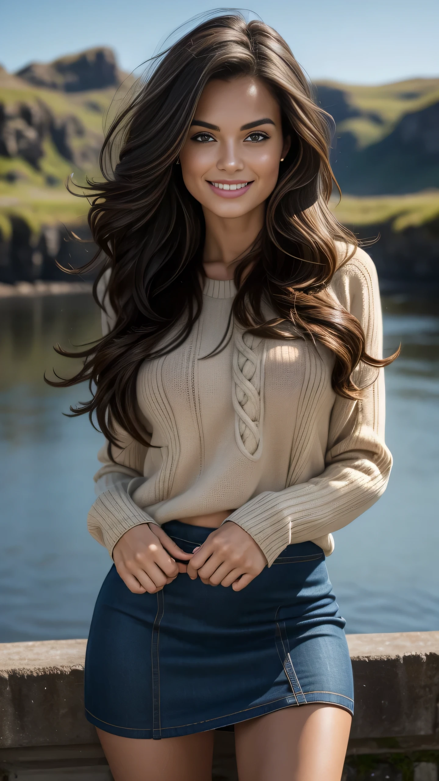 (High angle shot),(masterpiece . uhd. Photorealistic) Foreground: a gorgeous European light brunette woman, sexy smile, age 23, wet wavy hair in the wind. subtle smile and flirts with the camera, (she wears casual shirt with a long wool sweater and mini skirt:1.2),background landscape of Scotland Loch and Scottish castle ruins,  ( At twilight:1.2), perfect eyes, perfect hands, perfect body, perfect hair, perfect breast, hair behind ear, accurate, anatomically correct, 