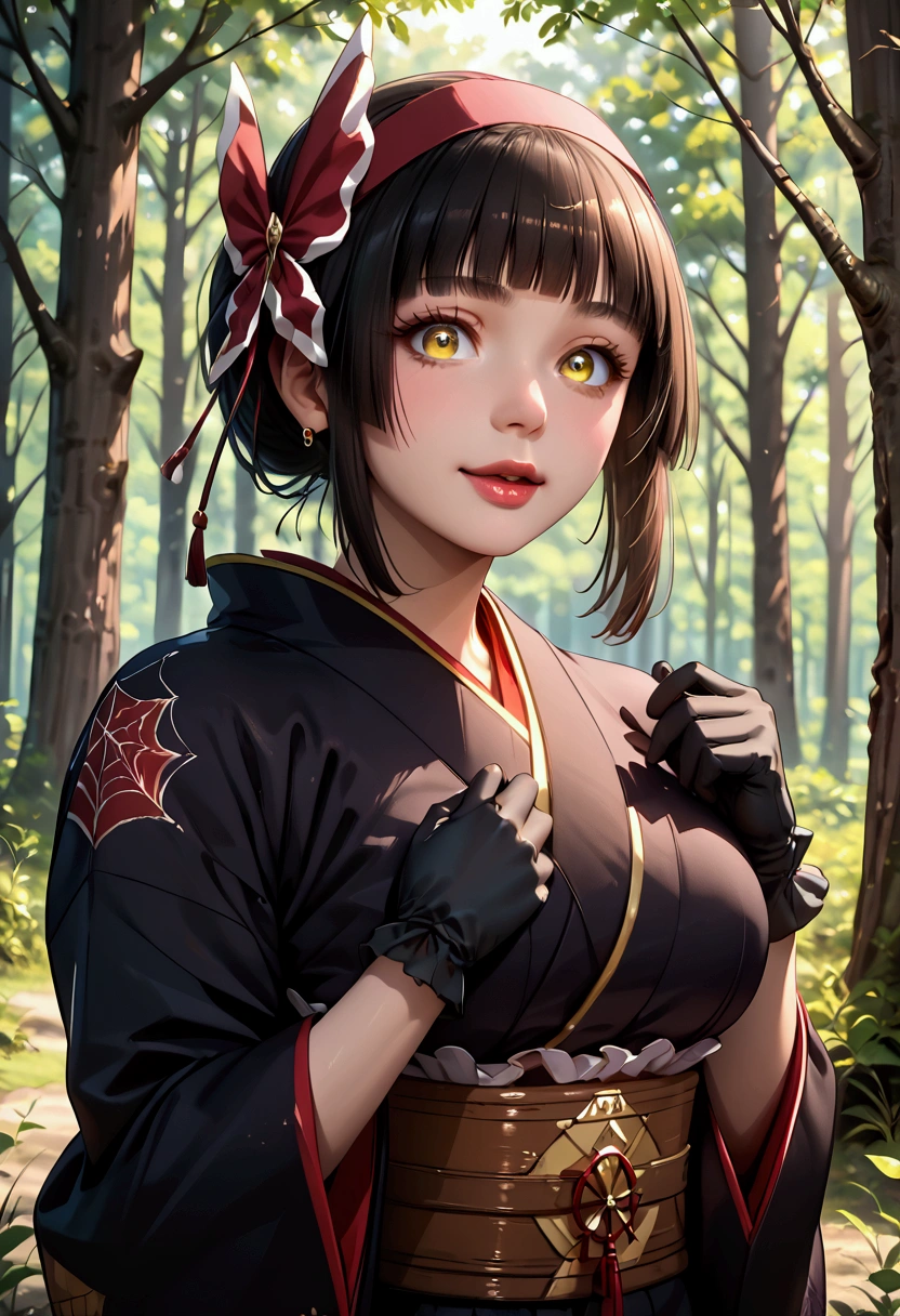 aaaa (quad-a) (I like this one!), score_9, score_8_up, score_7_up, ultra quality, perfect face, 1girl, tsukimio headband, yellow eyes, black hair, (large breasts:1.2), solo, lips, (horny, excited), KIMONO, OBI, BLACK GLOVES, (front view), forest, outdoors, standing,
