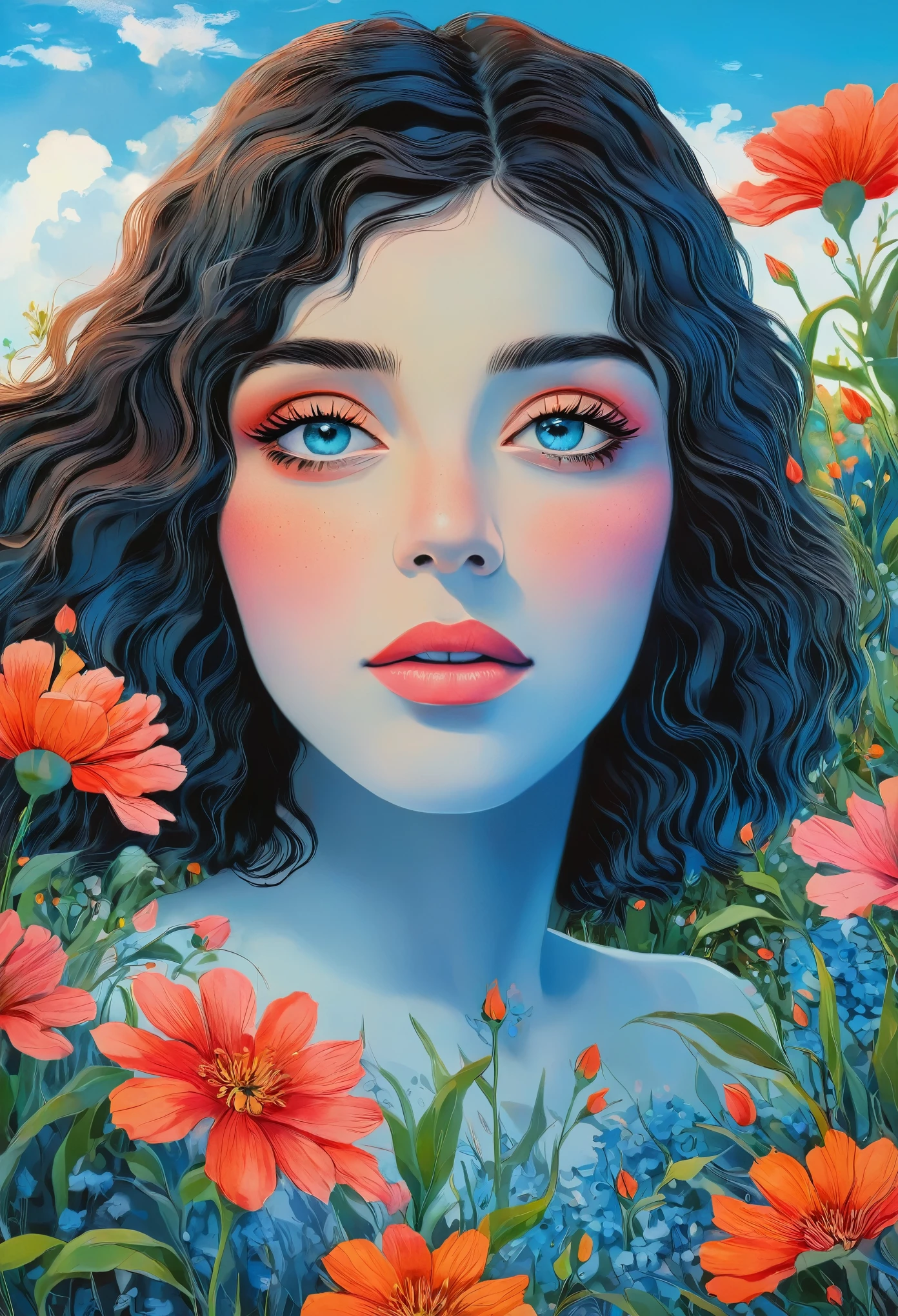 a beautiful girl in a lush garden, vibrant blue sky, red and orange flowers, detailed face and eyes, volumetric lighting, intricate details, photorealistic, high definition, masterpiece, professional digital art, cinematic color palette, using a palette of light pink, muted blue, dark grayish blue, bright blue, very dark gray, and light grayish blue