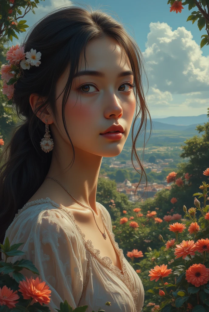 a beautiful girl in a lush garden, vibrant blue sky, red and orange flowers, detailed face and eyes, volumetric lighting, intricate details, photorealistic, high definition, masterpiece, professional digital art, cinematic color palette, using a palette of light pink, muted blue, dark grayish blue, bright blue, very dark gray, and light grayish blue